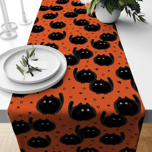 Onay 1 / 12 x 46 inch (30 x 120 cm) Orange Halloween Table Runner - Black Cat & Bat Design, Spooky Fall Kitchen Decor