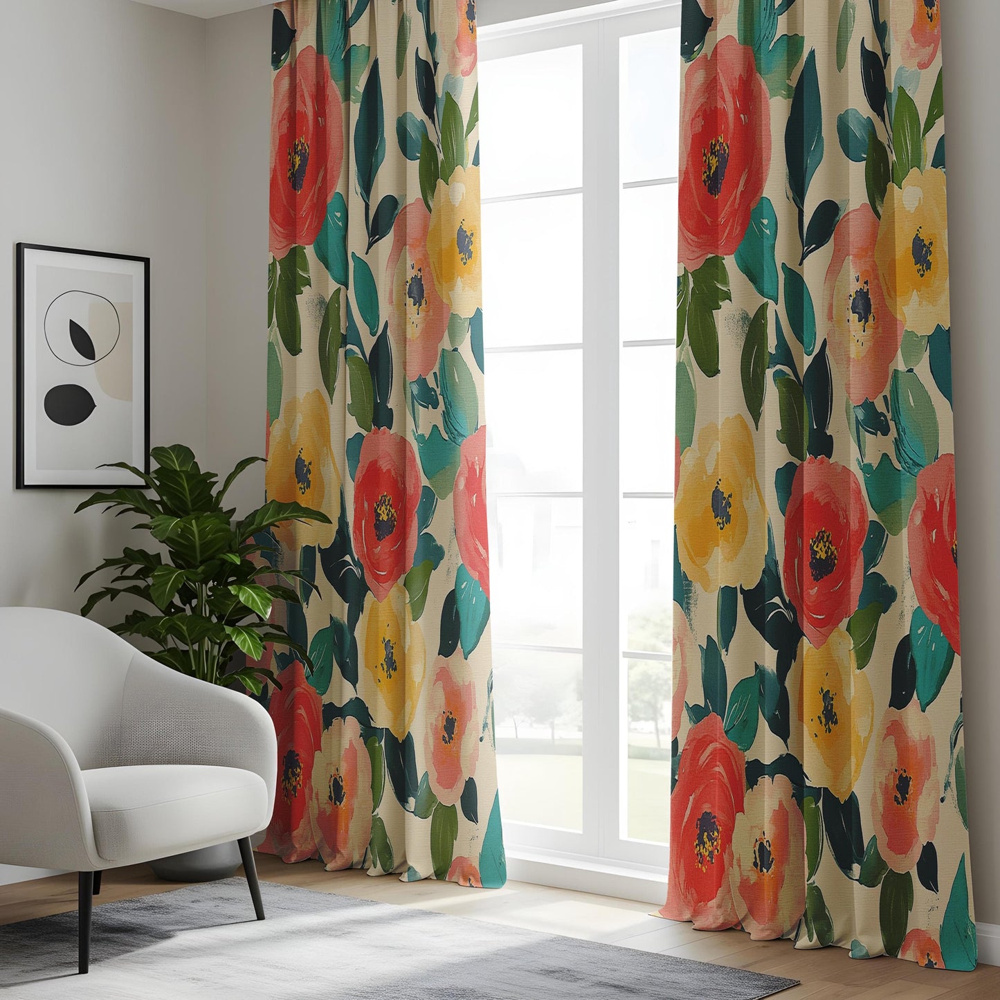 Onay Painterly Floral Living Room Curtains, Bold Watercolor Flower Print Drapes