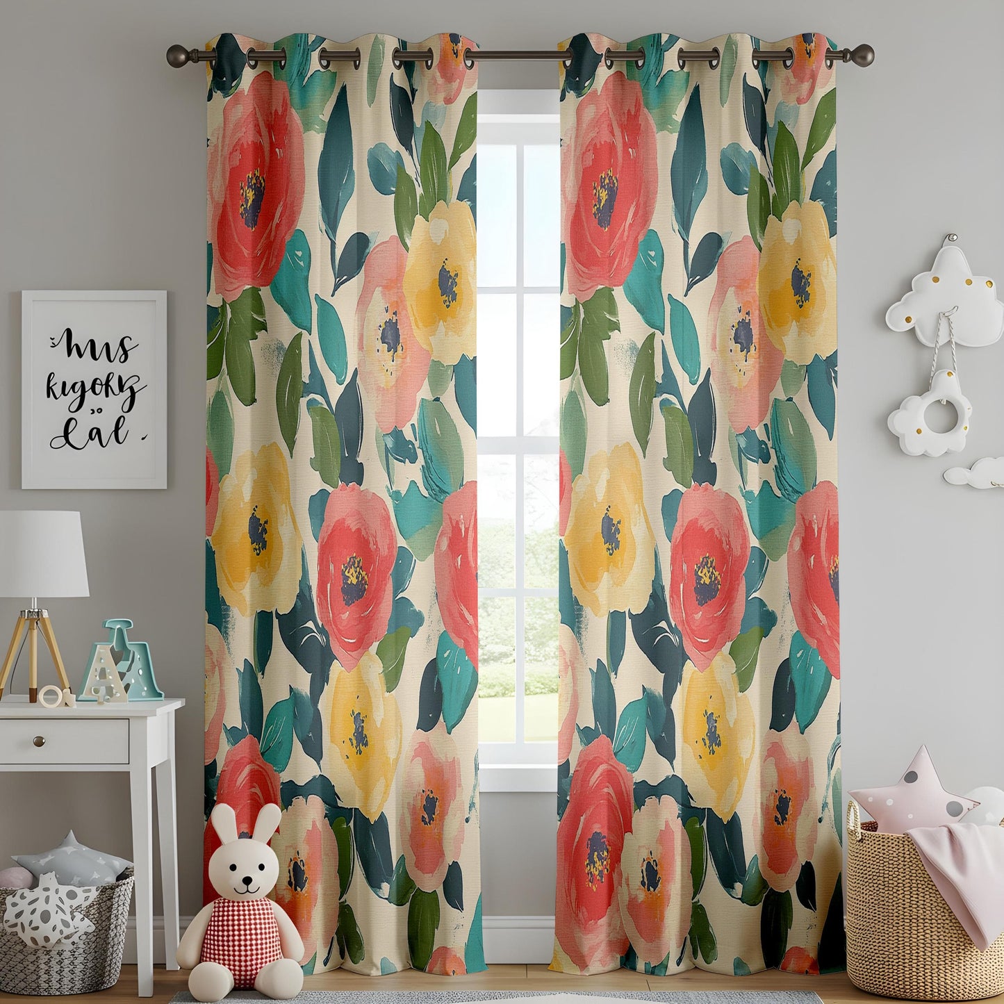 Onay Painterly Floral Living Room Curtains, Bold Watercolor Flower Print Drapes