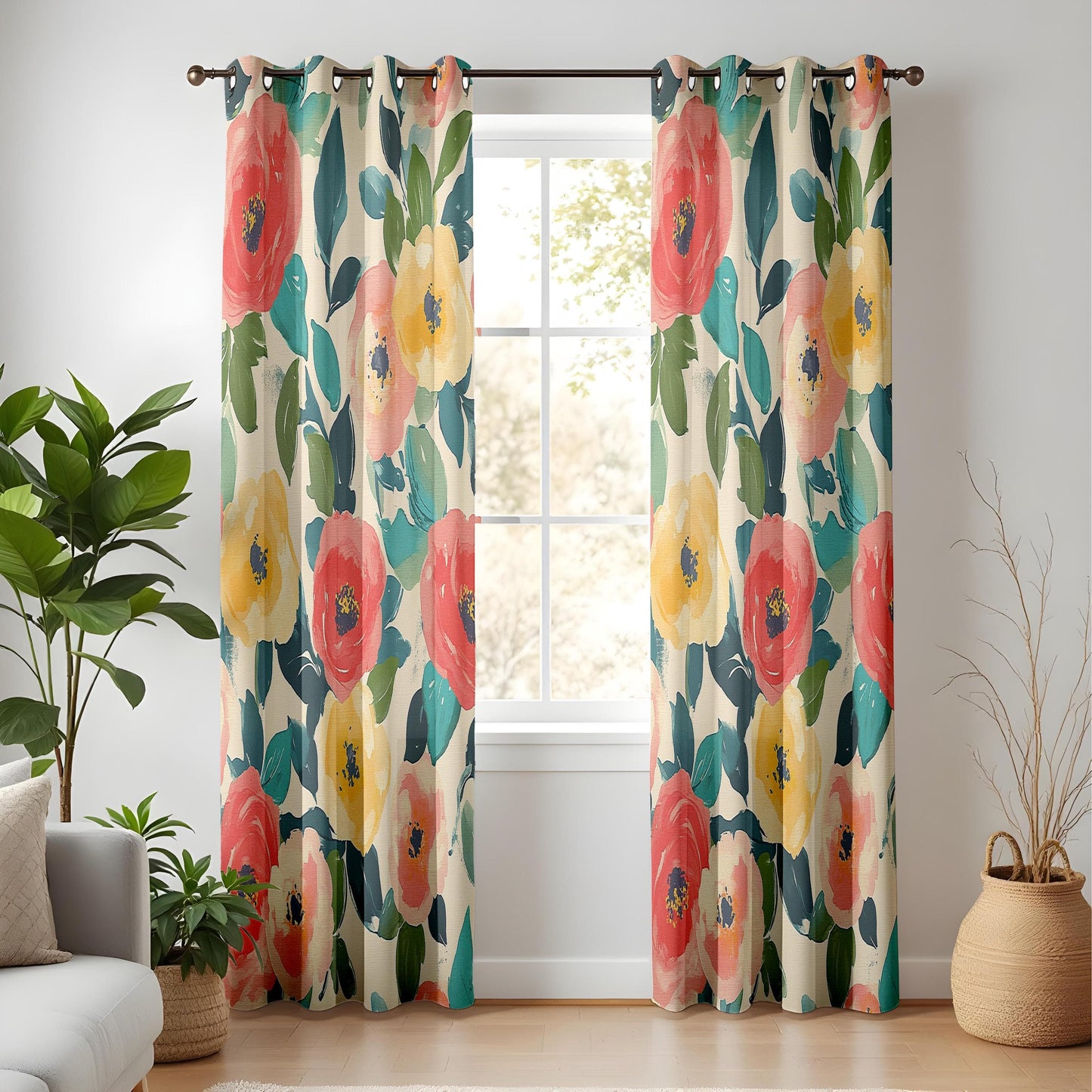 Onay Painterly Floral Living Room Curtains, Bold Watercolor Flower Print Drapes