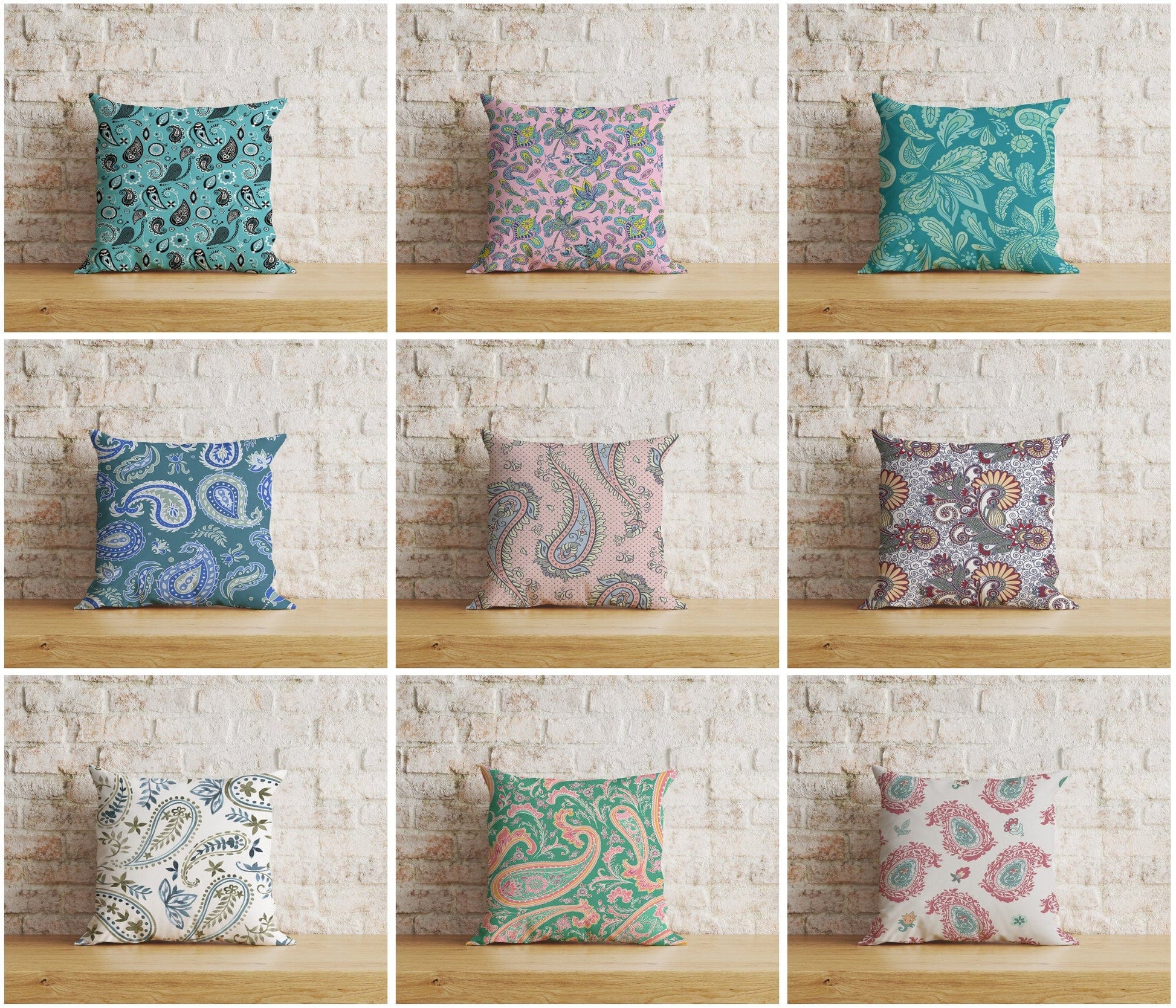 Onay Home Textile Cushion Covers Paisley Print Pillow Cover Blue Turquoise & Pink Vintage