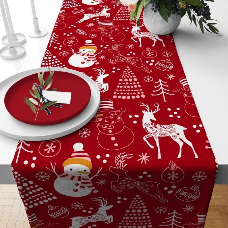 Onay 4 / 12 x 46 inch (30 x 120 cm) Pine Tree and Deer Red Christmas Print Design Table Runner
