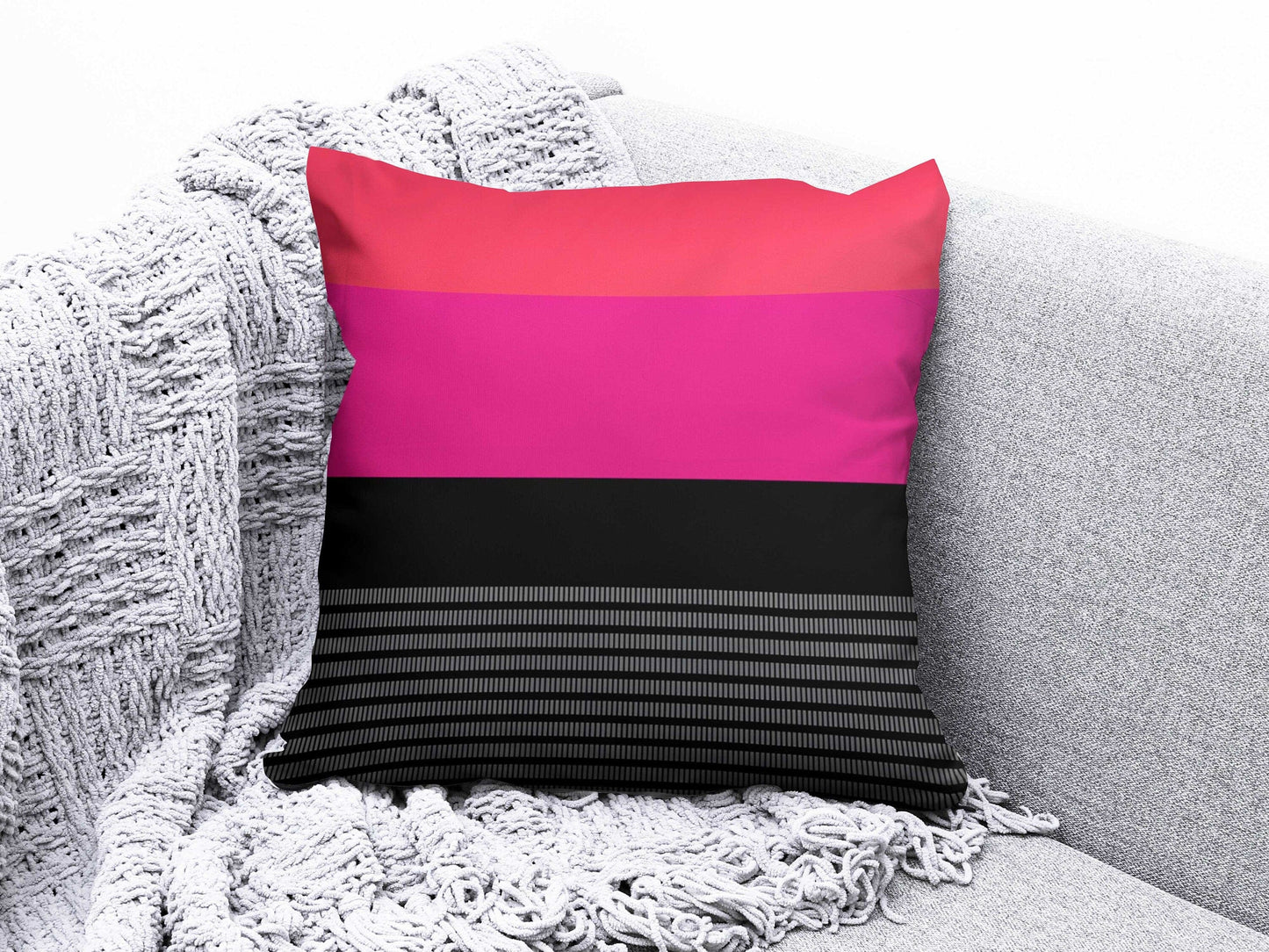 Onay 4 / 12 x 12 inch (30 x 30 cm) Pink Black and Gray Striped Abstract Modern Cushion Cover