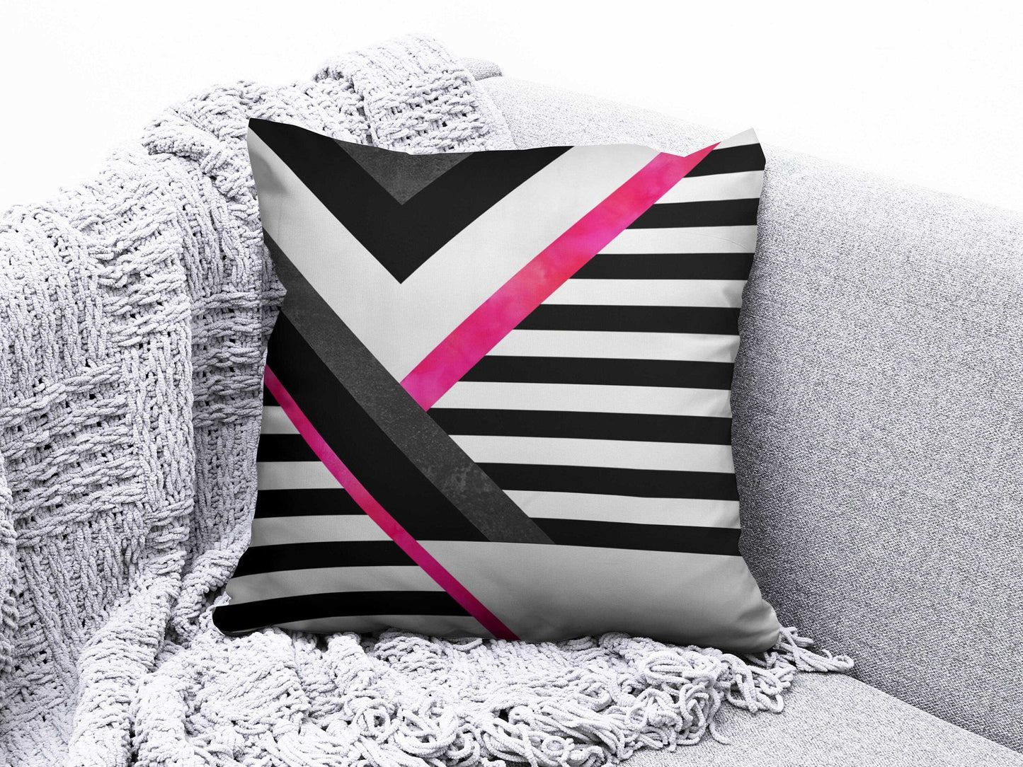 Onay 3 / 12 x 12 inch (30 x 30 cm) Pink Black and Gray Striped Abstract Modern Cushion Cover
