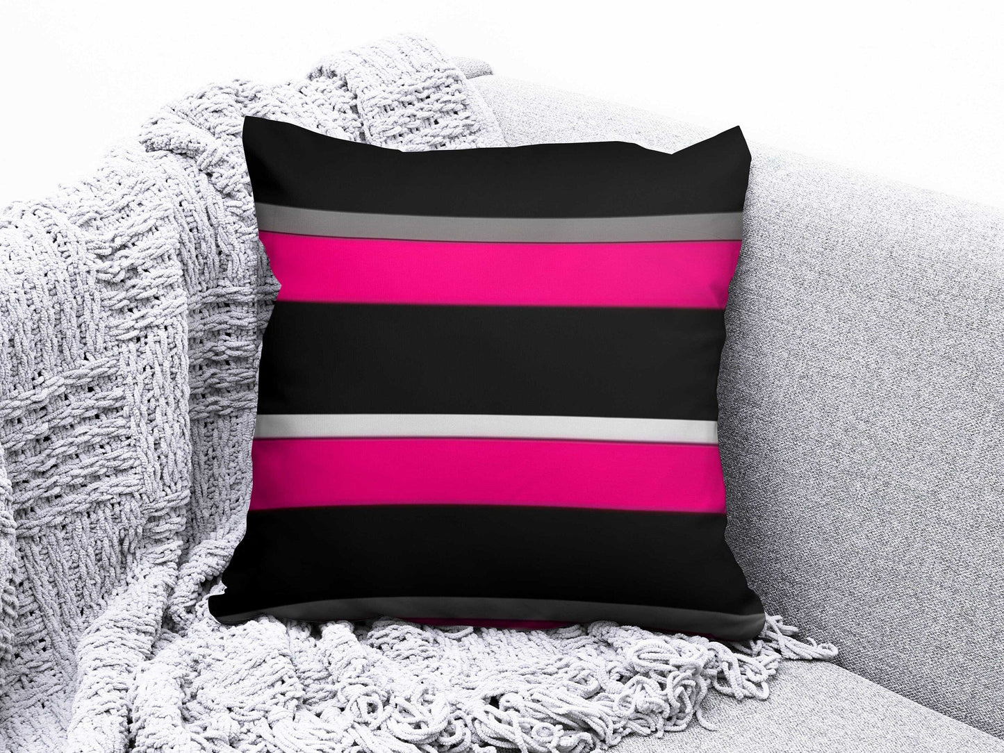 Onay 2 / 12 x 12 inch (30 x 30 cm) Pink Black and Gray Striped Abstract Modern Cushion Cover
