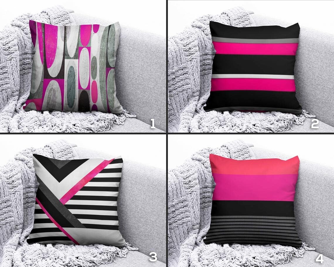 Onay Pink Black and Gray Striped Abstract Modern Cushion Cover