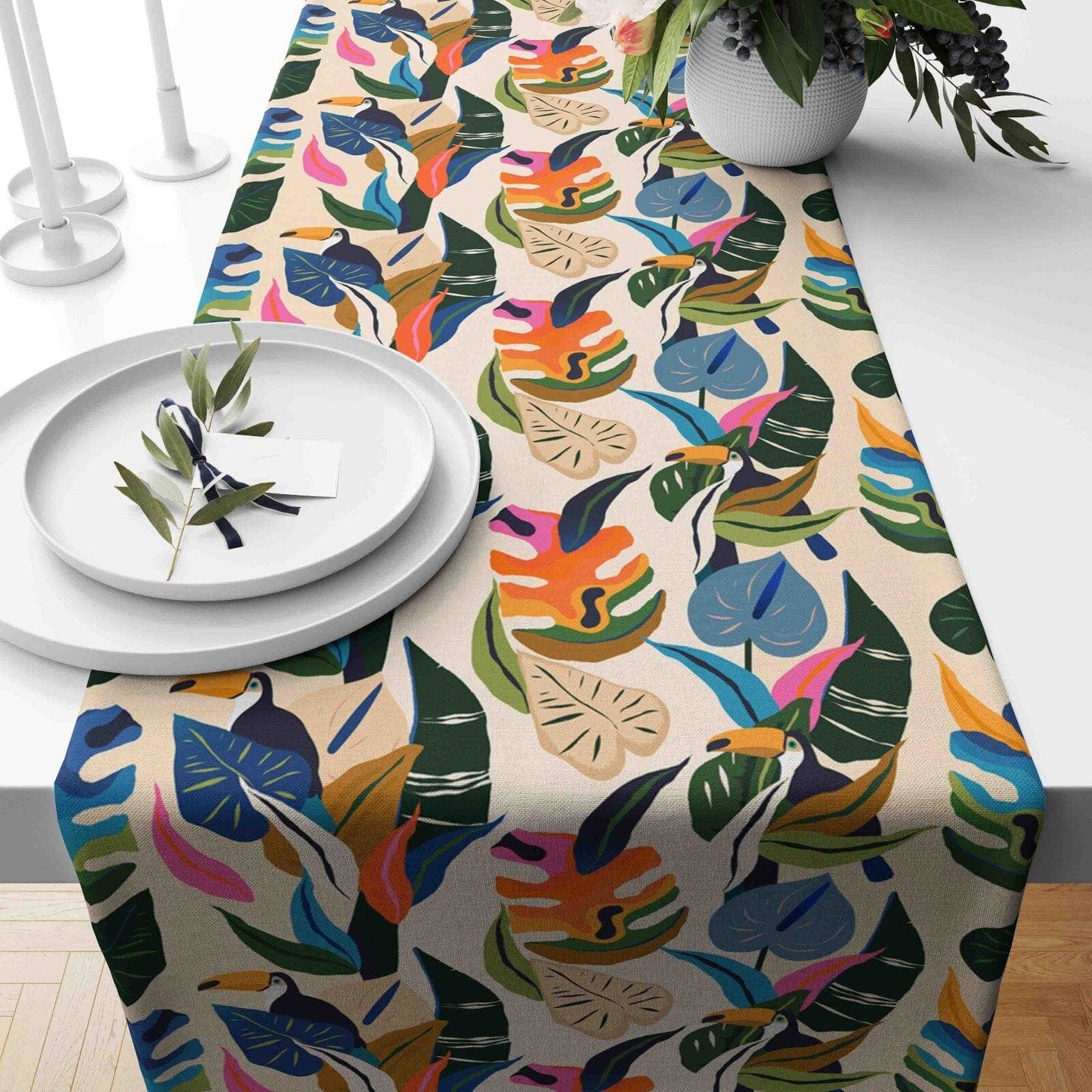 Onay Home Textile table runner 4 / 12 x 46 inch (30 x 120 cm) Pink & Orange Leaves Table Runner Tropical Tree Leave Runner