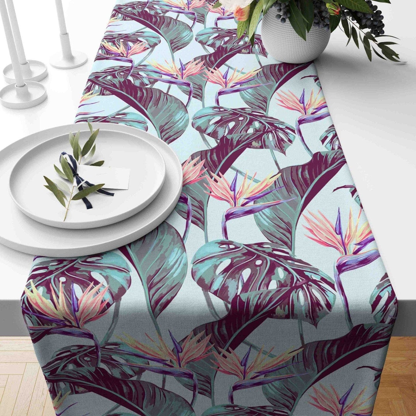 Onay Home Textile table runner 1 / 12 x 46 inch (30 x 120 cm) Pink & Orange Leaves Table Runner Tropical Tree Leave Runner