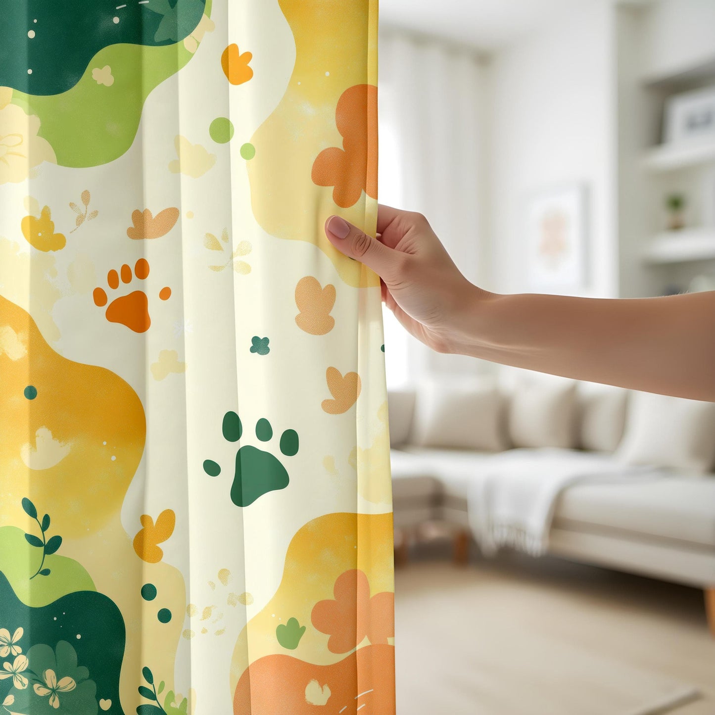 Onay Playful Paw Print Living Room Curtains, Earthy Floral Panels