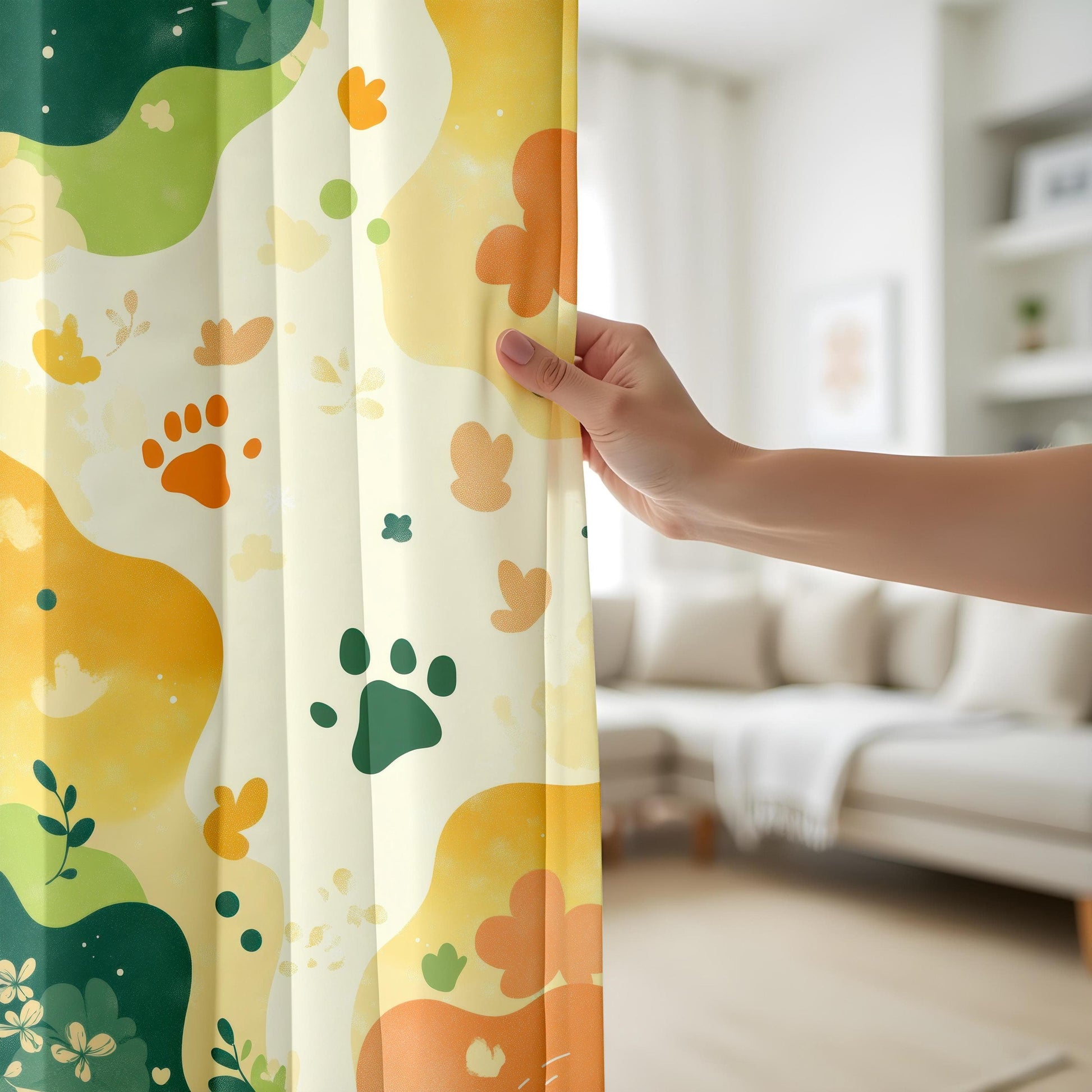 Onay Playful Paw Print Living Room Curtains, Earthy Floral Panels