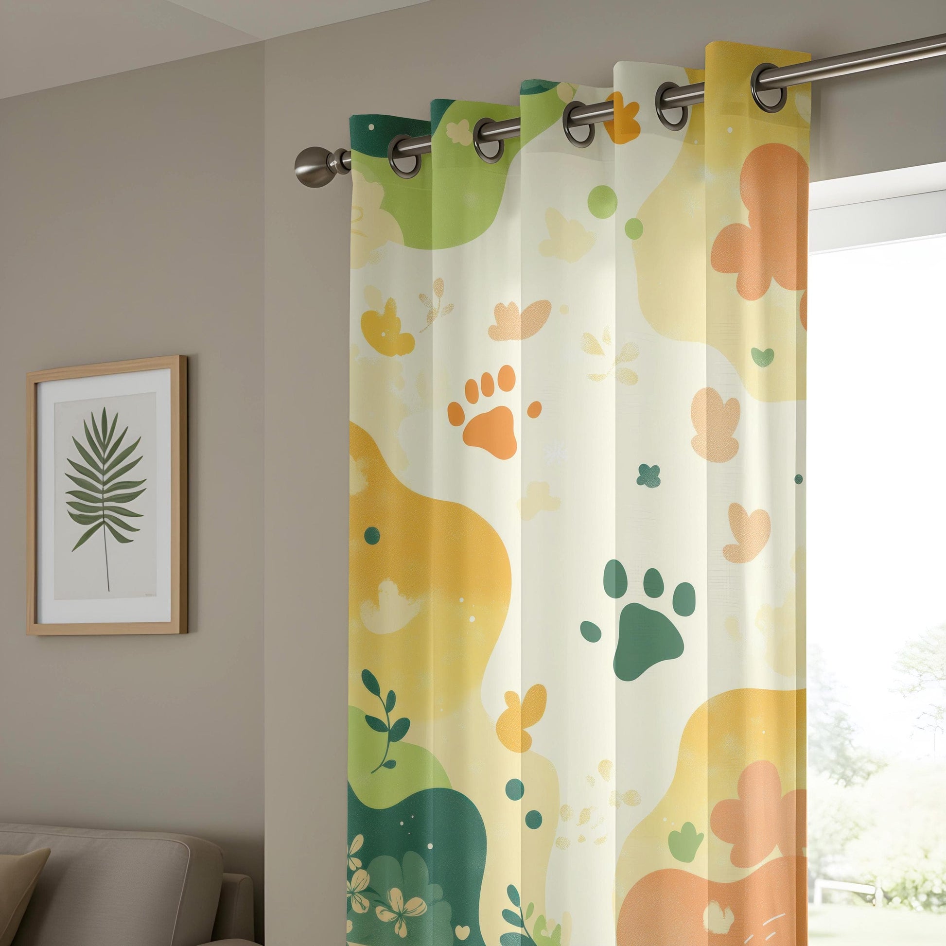 Onay Playful Paw Print Living Room Curtains, Earthy Floral Panels