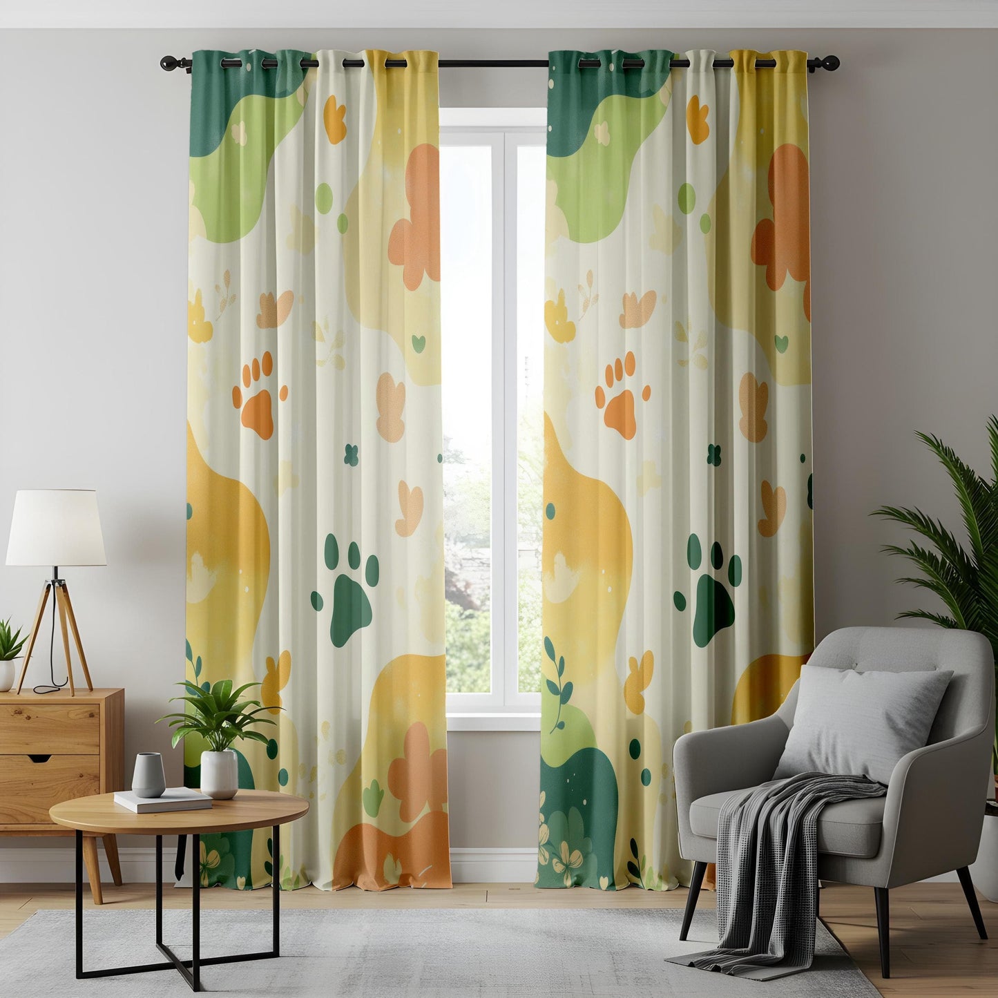 Onay Playful Paw Print Living Room Curtains, Earthy Floral Panels