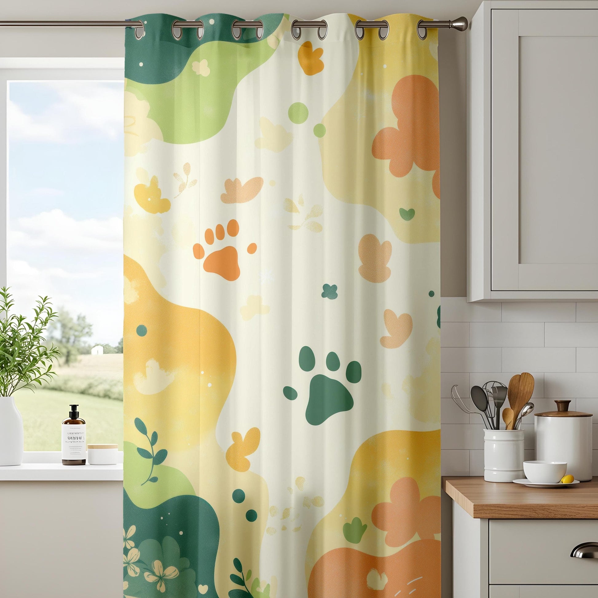 Onay Playful Paw Print Living Room Curtains, Earthy Floral Panels