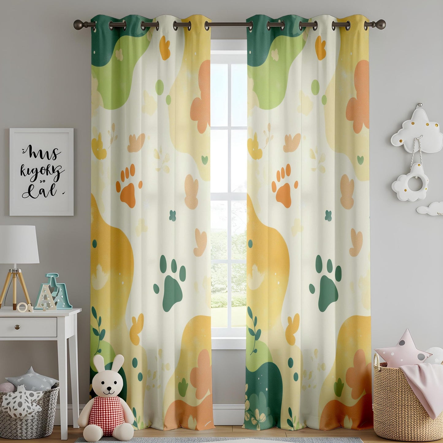 Onay Playful Paw Print Living Room Curtains, Earthy Floral Panels