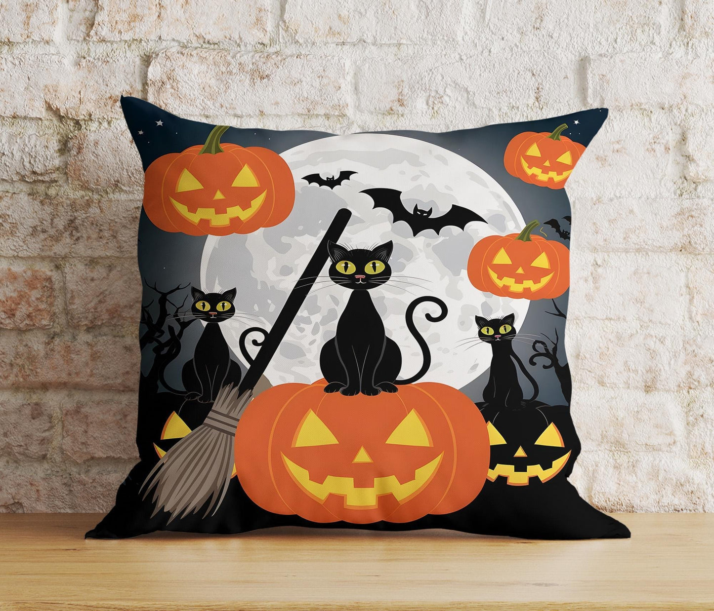 Onay 1 / 12 x 12 inch (30 x 30 cm) Double Side Pumpkin and Black Cat Wearing a Witch Hat Cushion Cover