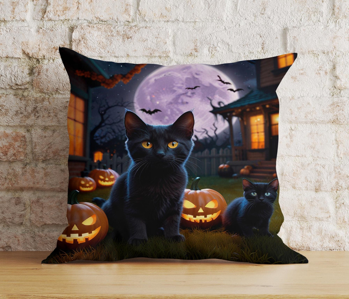 Onay 3 / 12 x 12 inch (30 x 30 cm) Double Side Pumpkin and Black Cat Wearing a Witch Hat Cushion Cover