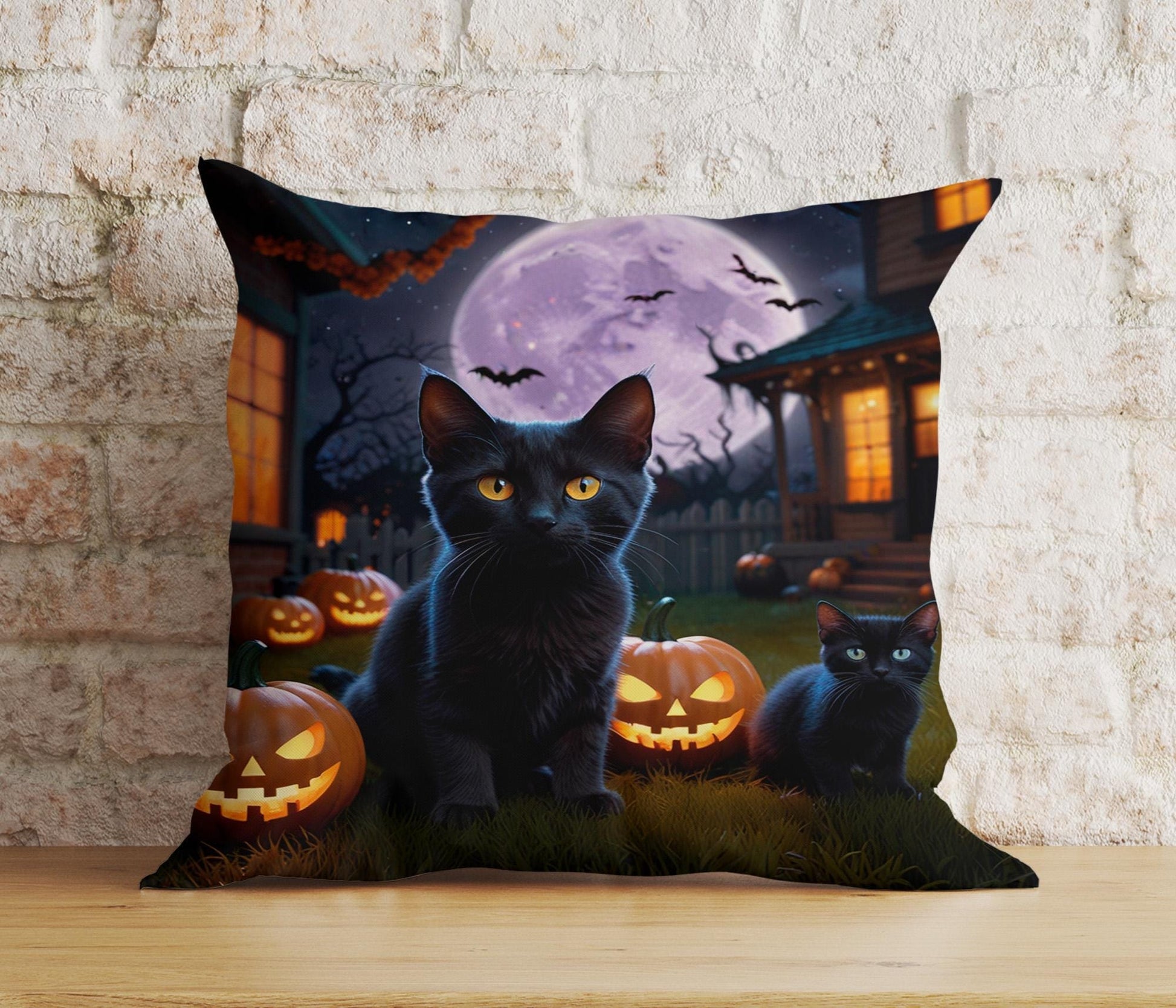 Onay 3 / 12 x 12 inch (30 x 30 cm) Double Side Pumpkin and Black Cat Wearing a Witch Hat Cushion Cover
