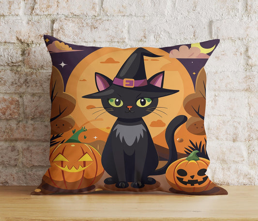 Onay 4 / 12 x 12 inch (30 x 30 cm) Double Side Pumpkin and Black Cat Wearing a Witch Hat Cushion Cover
