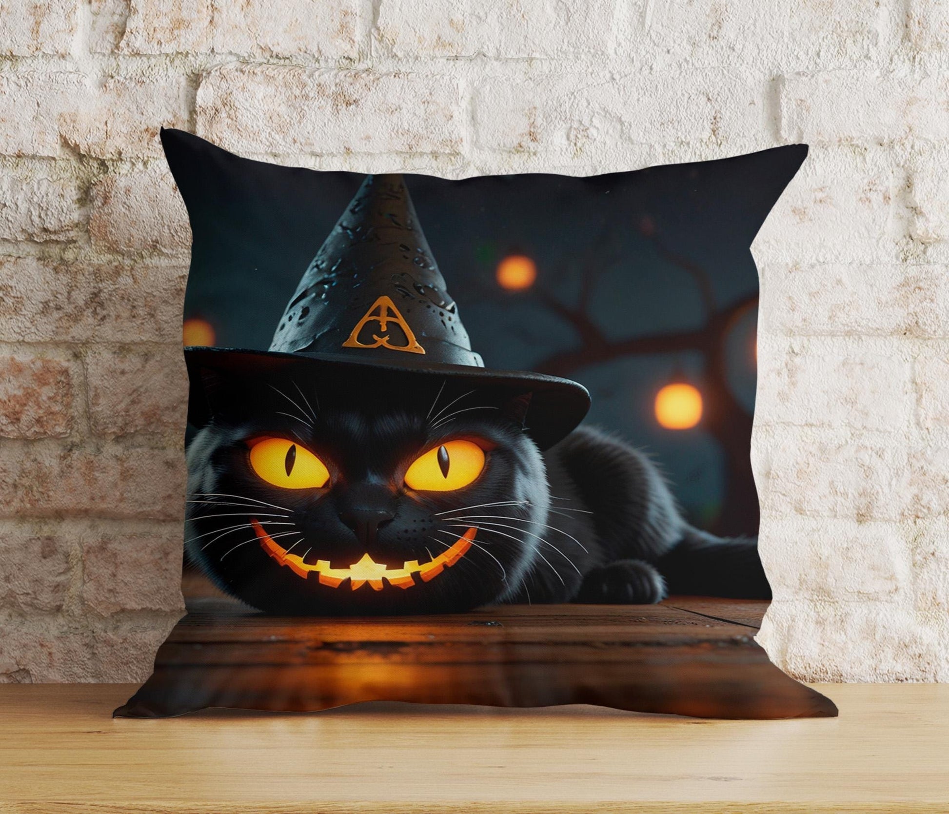 Onay 5 / 12 x 12 inch (30 x 30 cm) Double Side Pumpkin and Black Cat Wearing a Witch Hat Cushion Cover
