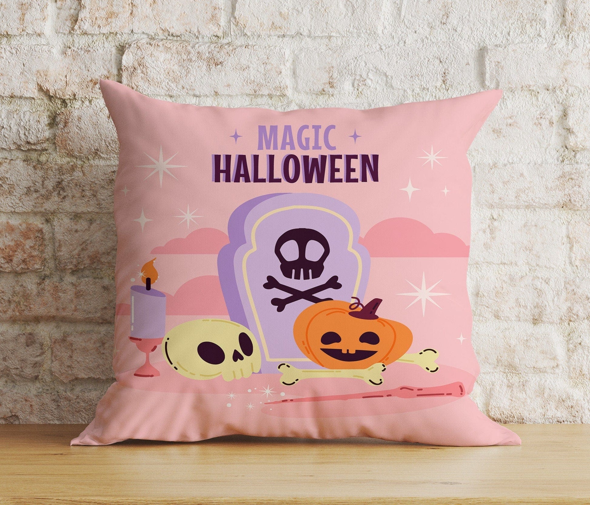 Onay 3 / 12 x 12 inch (30 x 30 cm) Double Side Pumpkin Trick or Treat Pink Magic Happy Halloween Cushion Cover