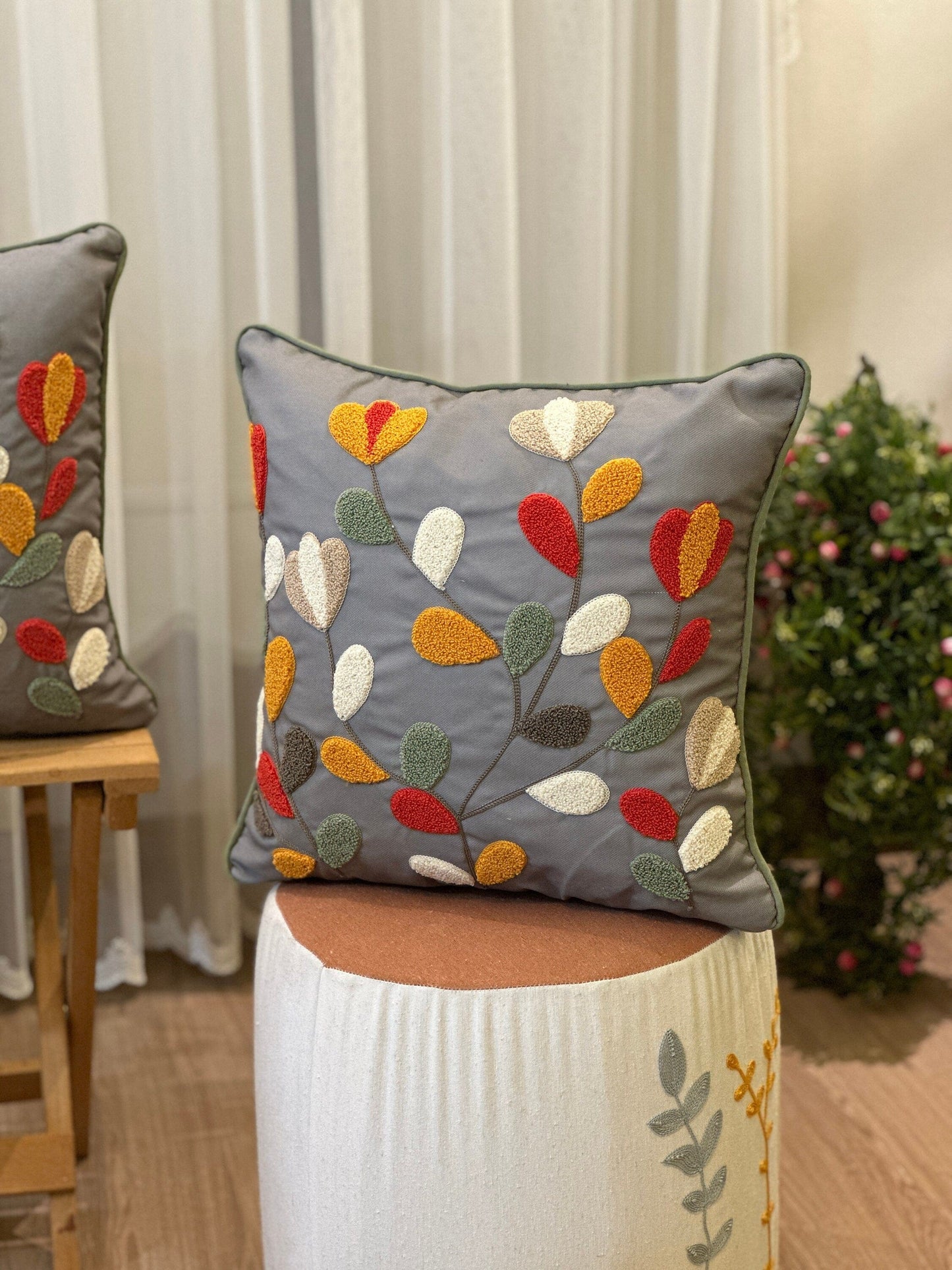 Onay Home Textile Punch Needle Cushion Cover Punch Needle Pillow Cover Gray Embroidery Colorful Leaves