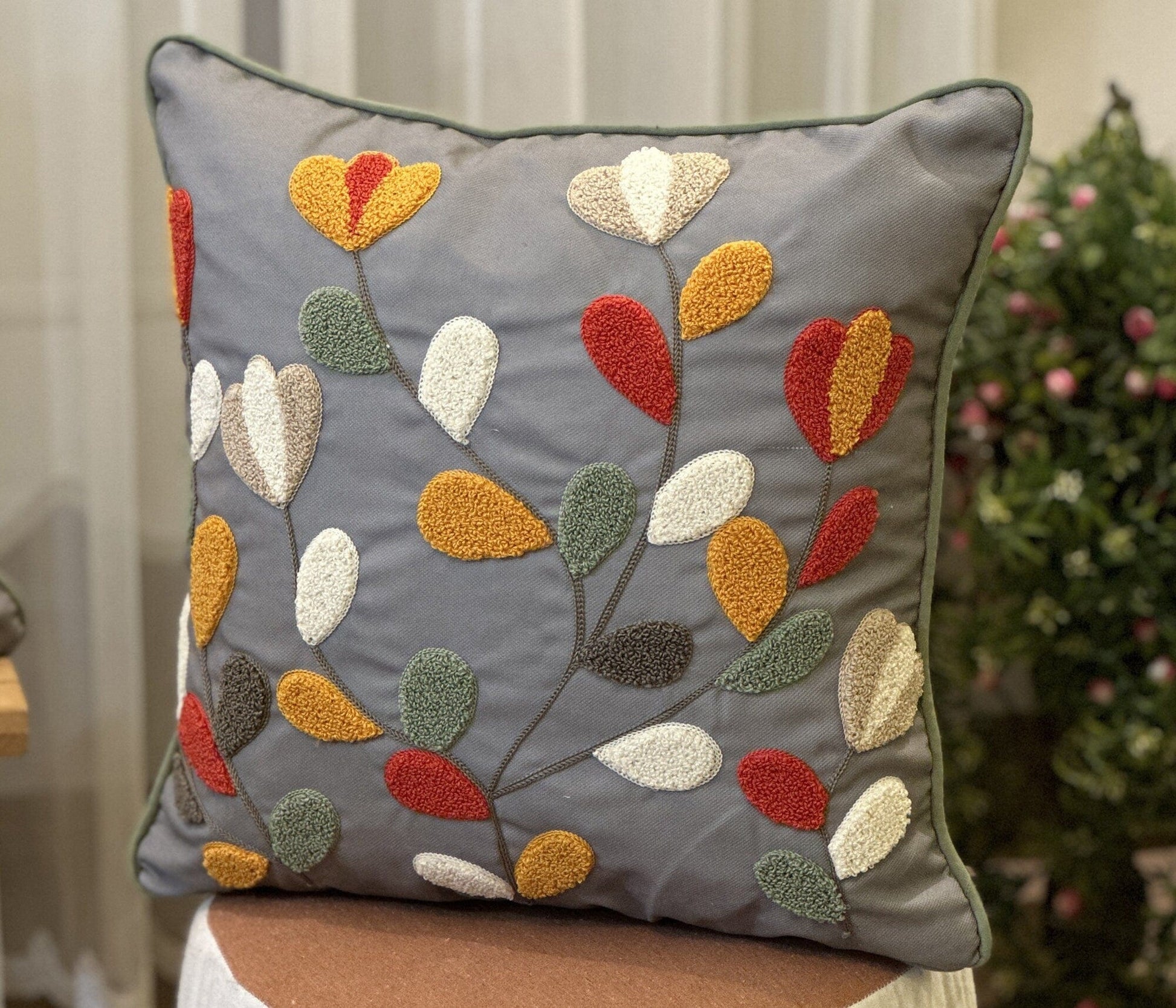 Onay Home Textile Punch Needle Cushion Cover Punch Needle Pillow Cover Gray Embroidery Colorful Leaves