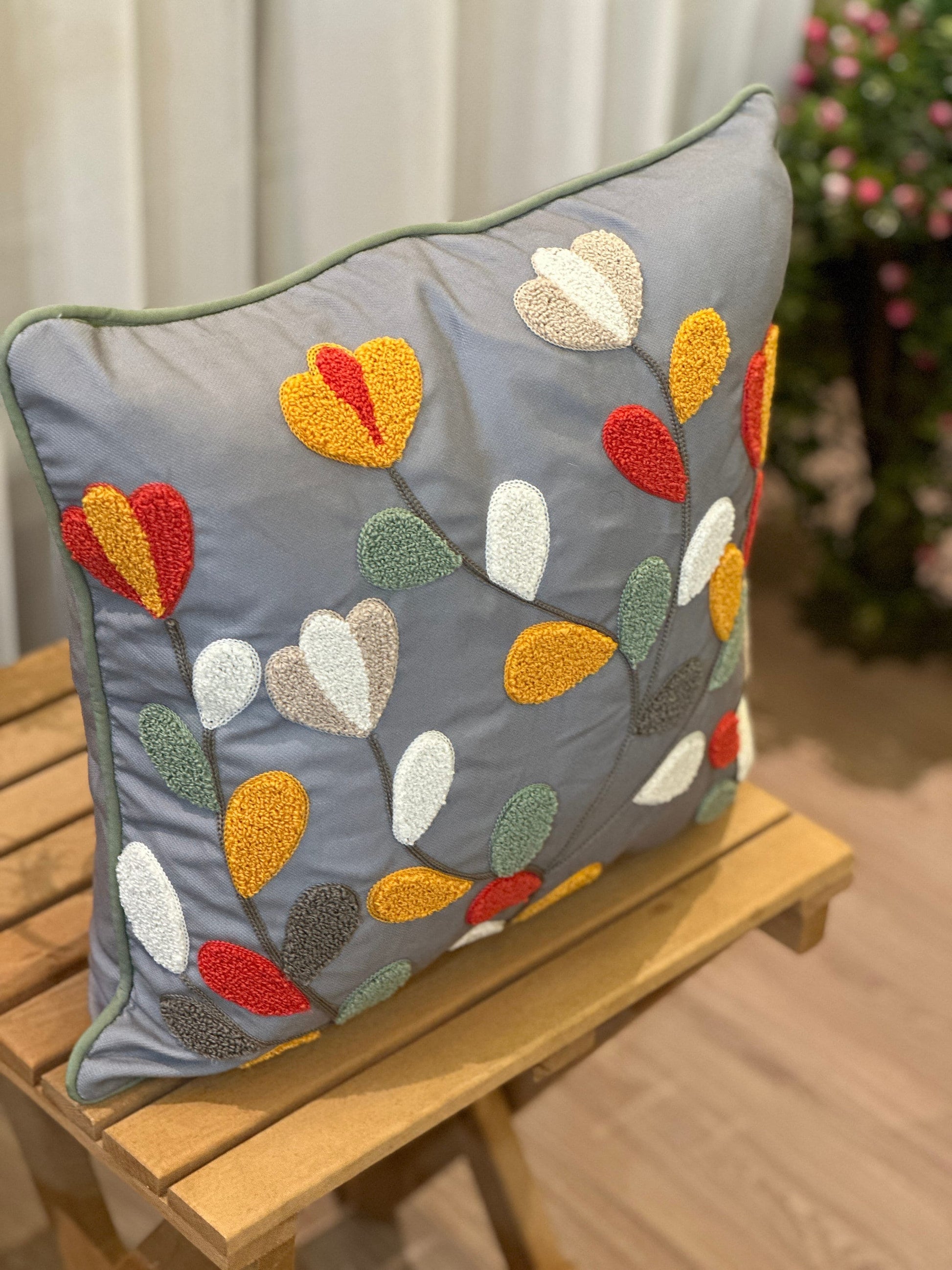 Onay Home Textile Punch Needle Cushion Cover Punch Needle Pillow Cover Gray Embroidery Colorful Leaves
