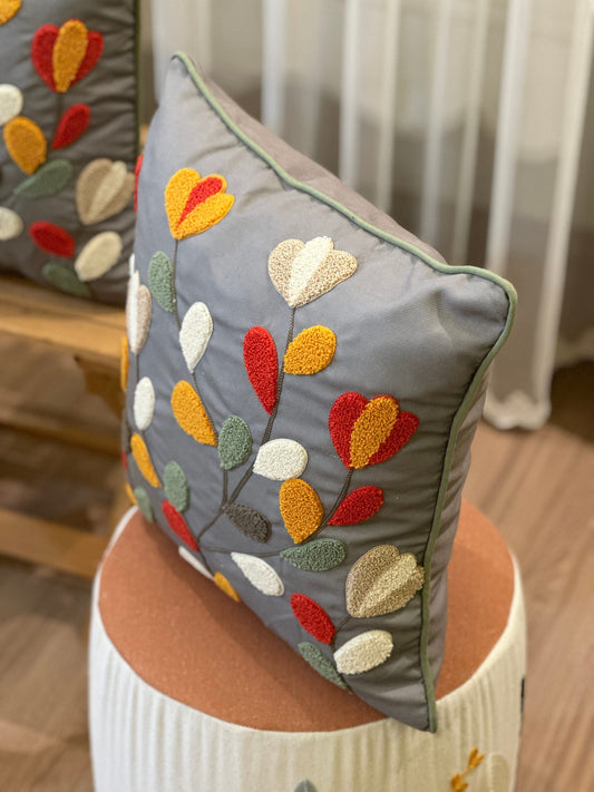 Onay Home Textile Punch Needle Cushion Cover Punch Needle Pillow Cover Gray Embroidery Colorful Leaves