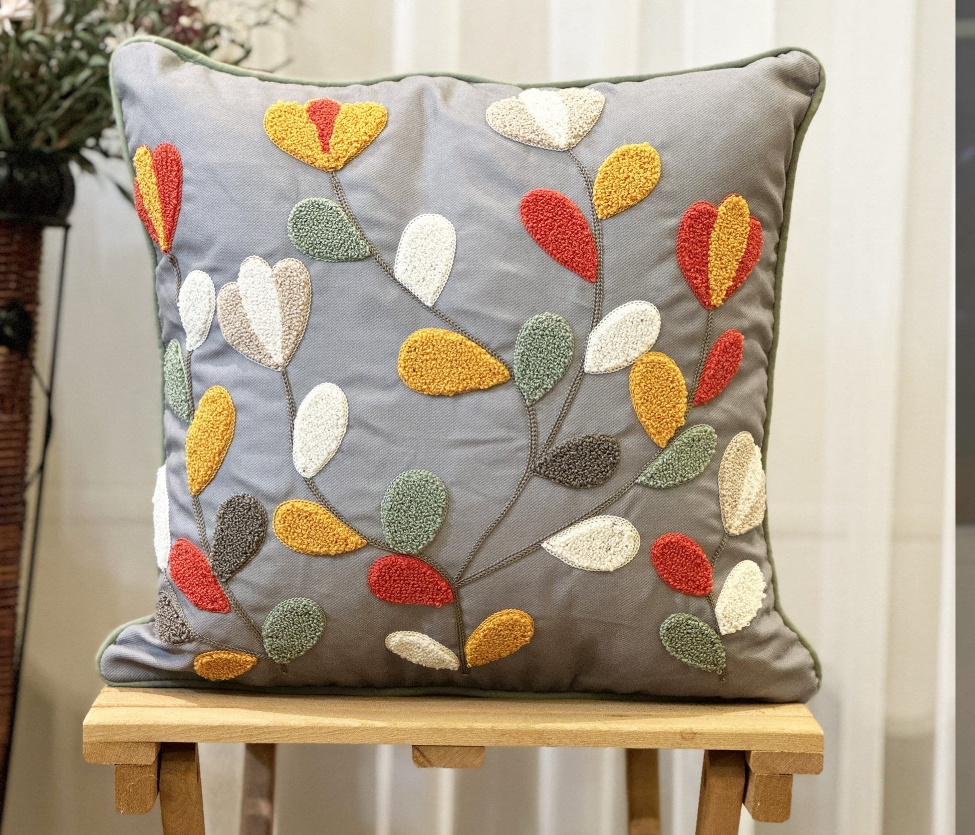 Onay Home Textile Punch Needle Cushion Cover Punch Needle Pillow Cover Gray Embroidery Colorful Leaves