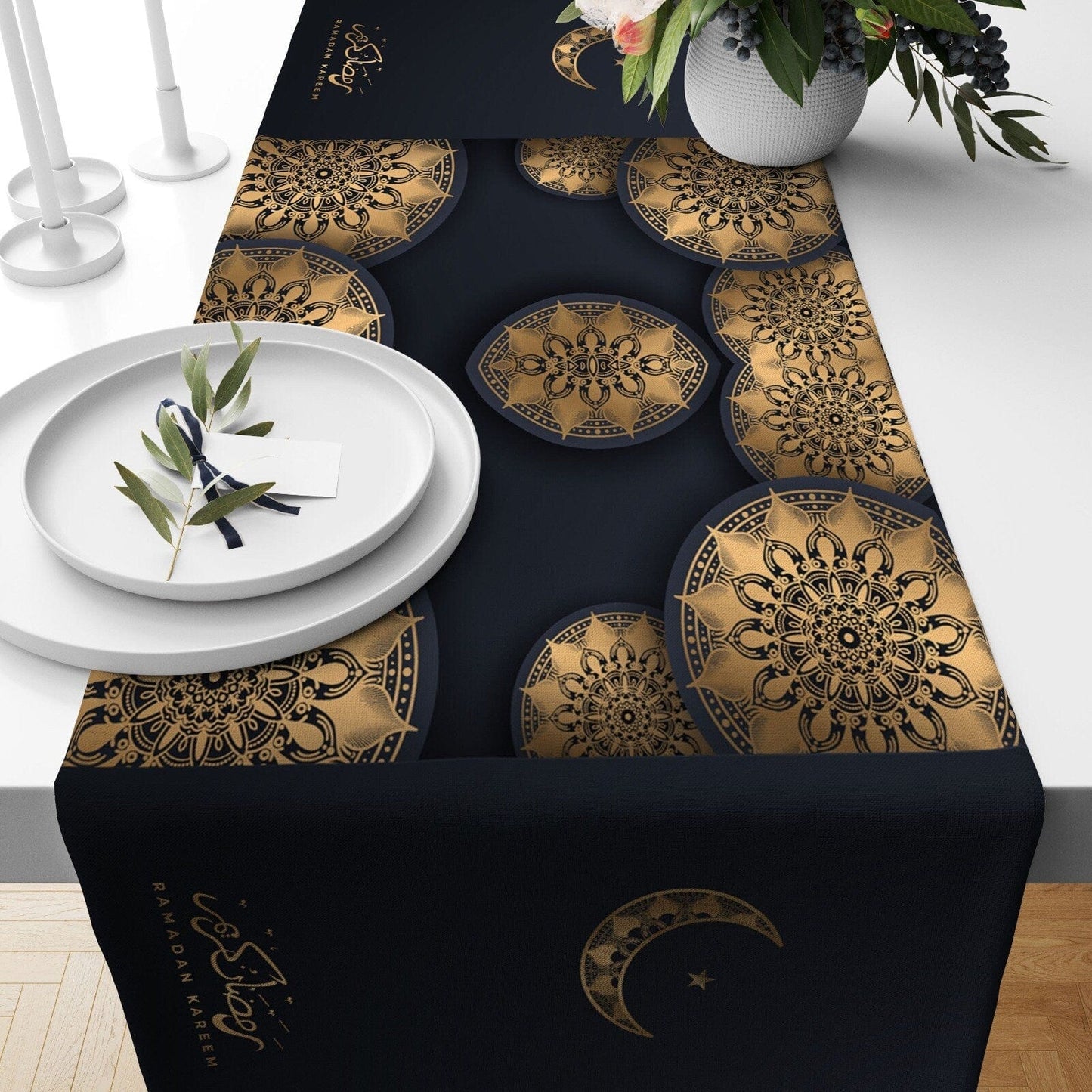 Onay Home Textile table runner 4 / 12 x 46 inch (30 x 120 cm) Ramadan Kareem Table Runner Blue Mystic Islamic Tablecloths