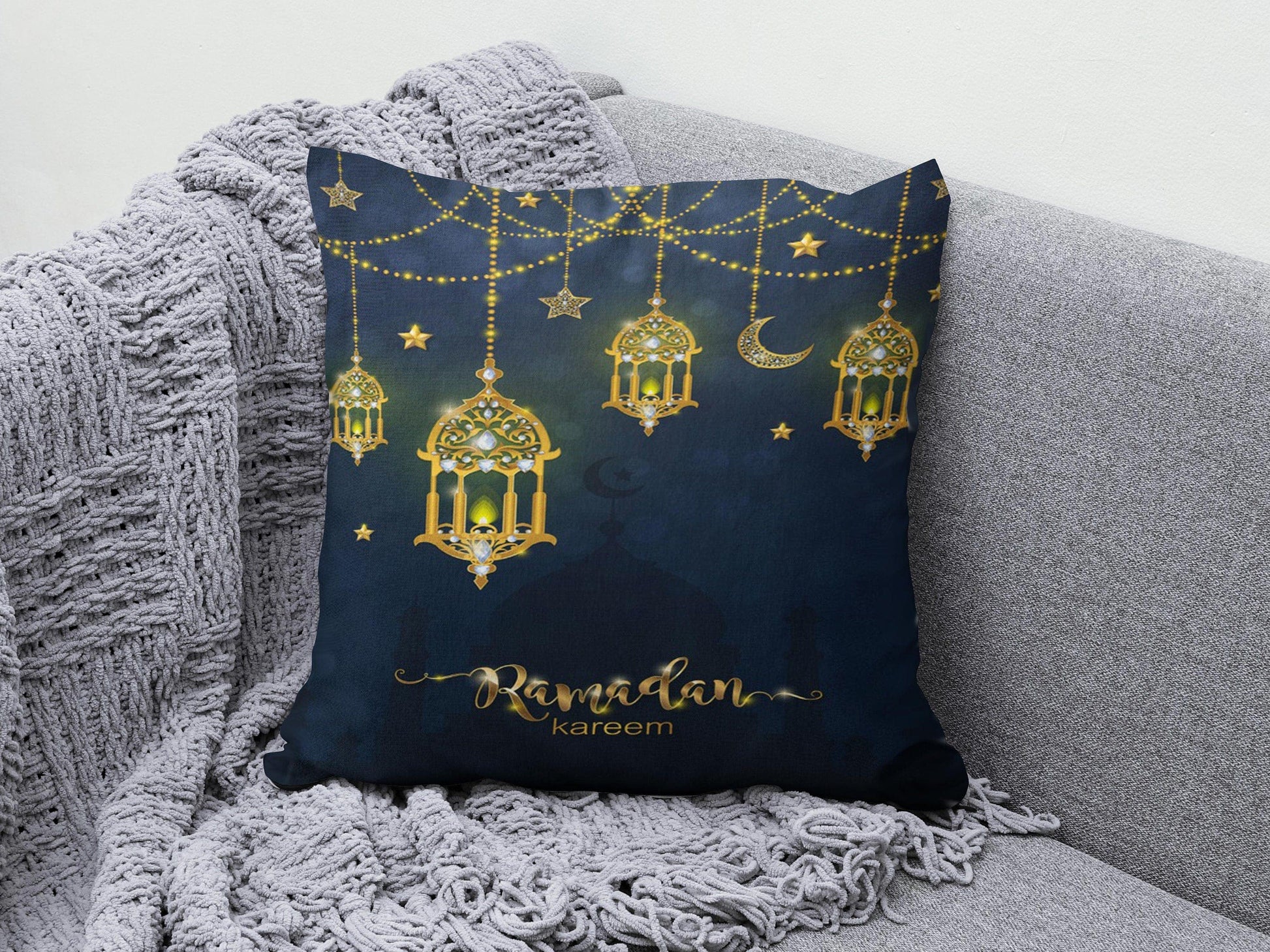 Onay 8 / 12 x 12 inch (30 x 30 cm) Ramadan Mubarak Muslim Dark Blue Gift Cushion Cover