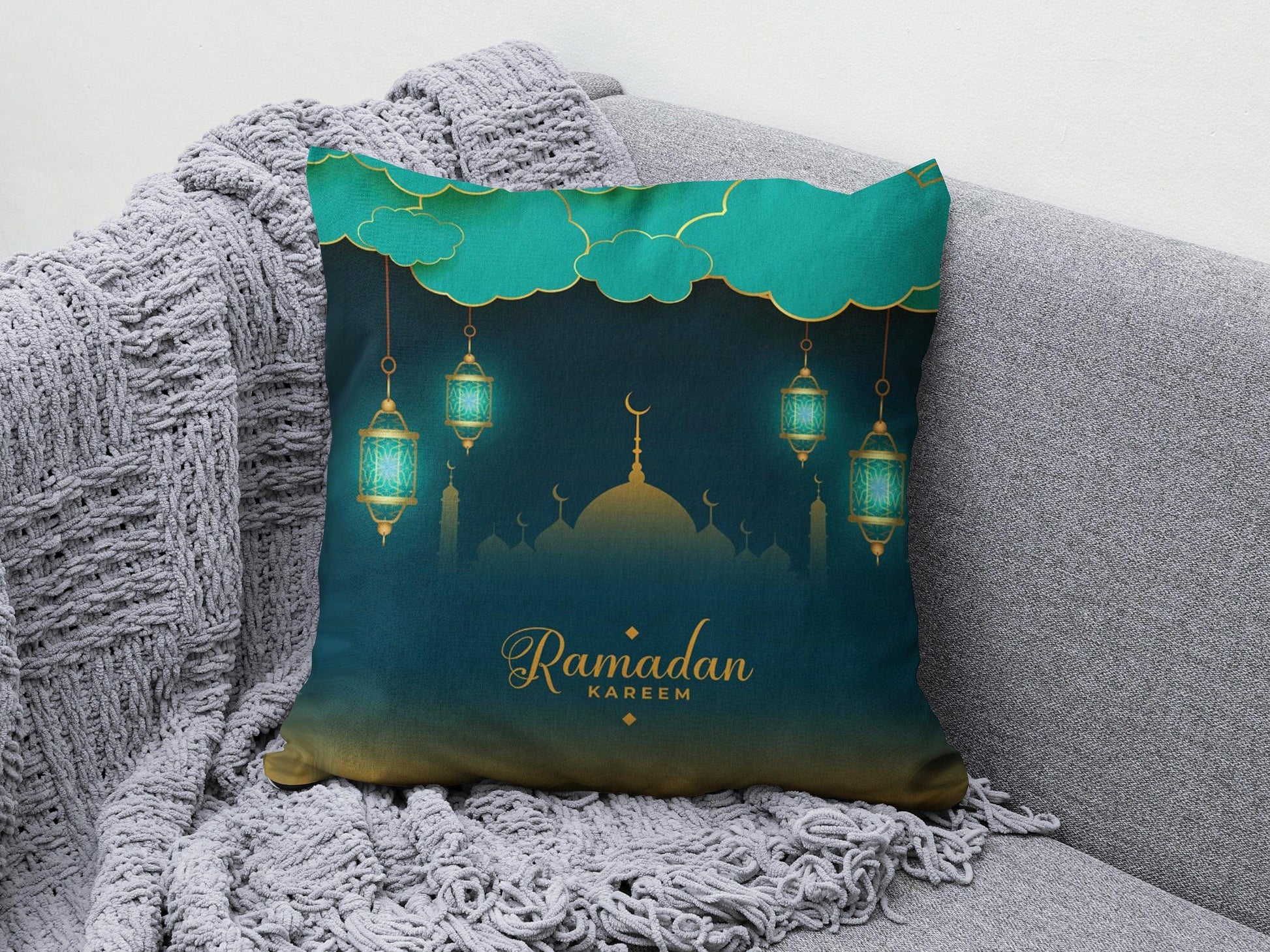 Onay 5 / 12 x 12 inch (30 x 30 cm) Ramadan Mubarak Muslim Dark Blue Gift Cushion Cover