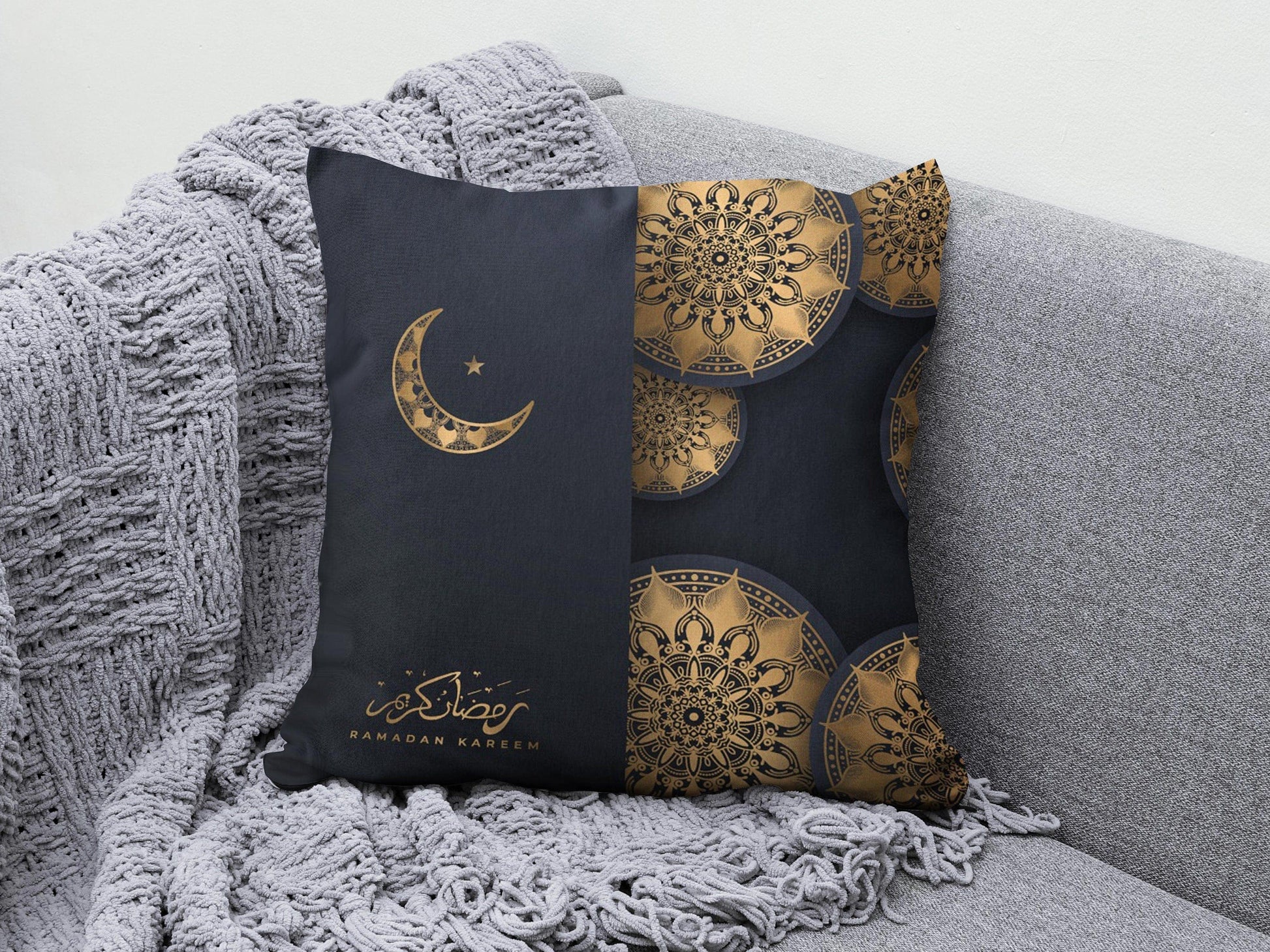 Onay 4 / 12 x 12 inch (30 x 30 cm) Ramadan Mubarak Muslim Dark Blue Gift Cushion Cover