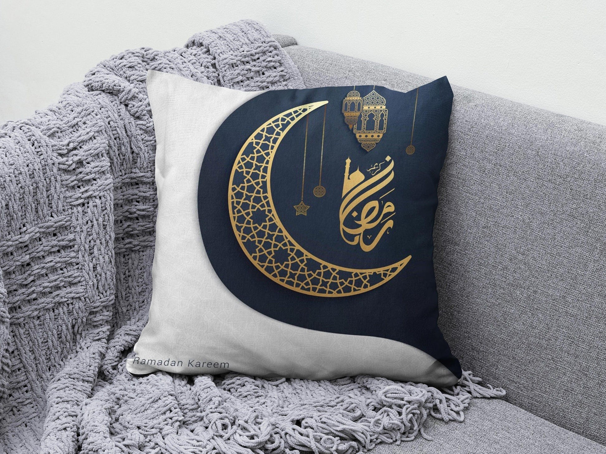 Onay 3 / 12 x 12 inch (30 x 30 cm) Ramadan Mubarak Muslim Dark Blue Gift Cushion Cover