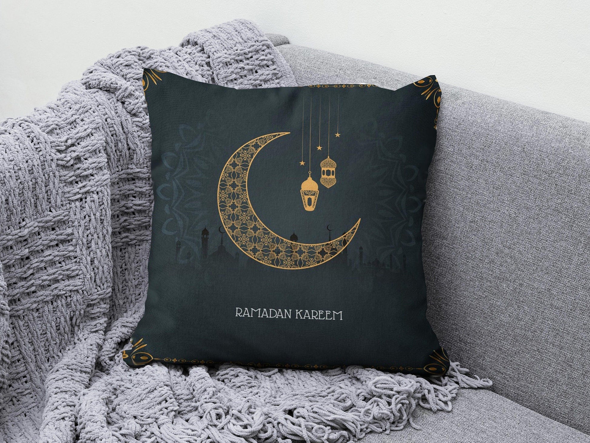 Onay 2 / 12 x 12 inch (30 x 30 cm) Ramadan Mubarak Muslim Dark Blue Gift Cushion Cover