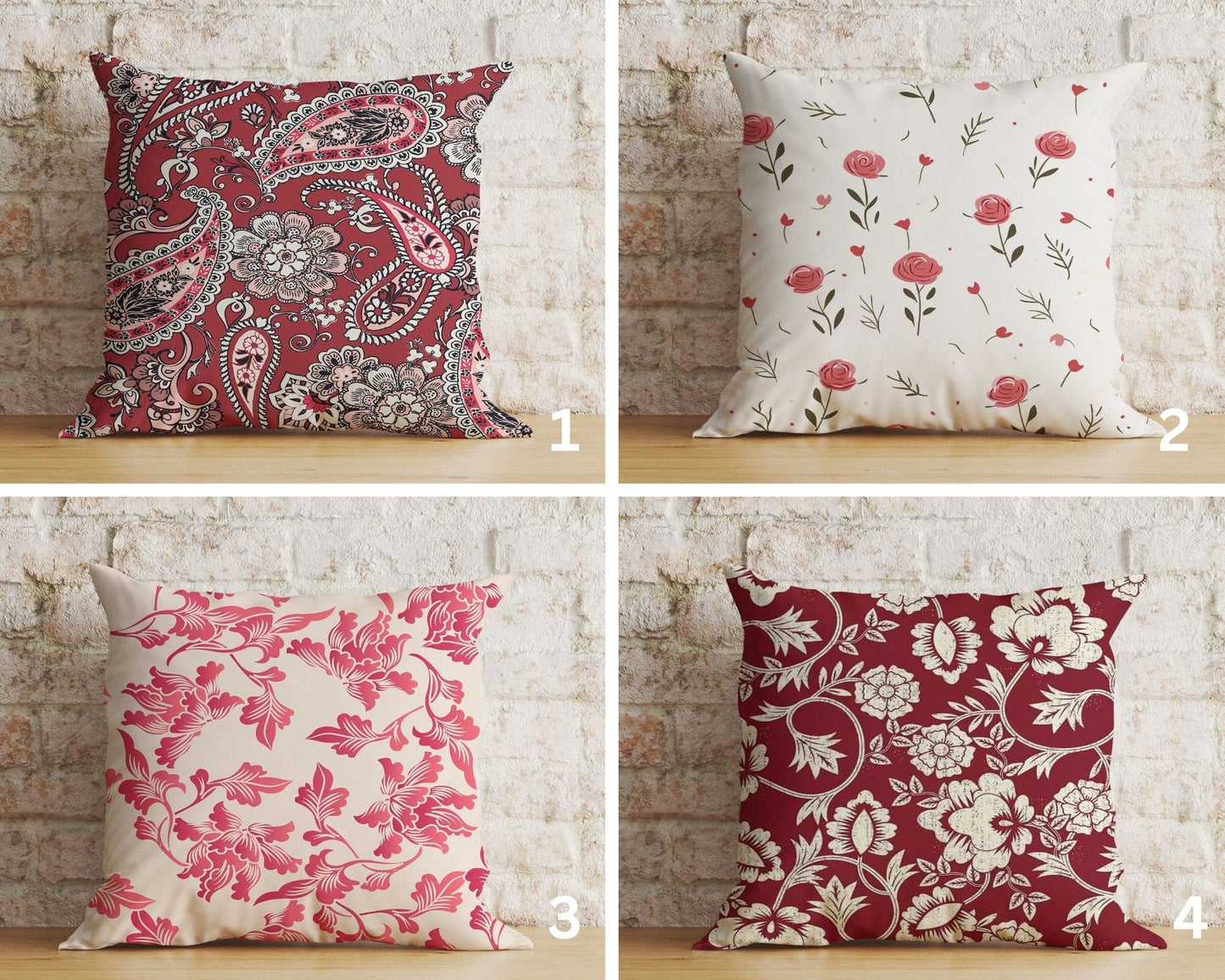 Onay Home Textile Cushion Covers Raspberry & Beige Shabby Chic Cushion Cover Square Pillowcase