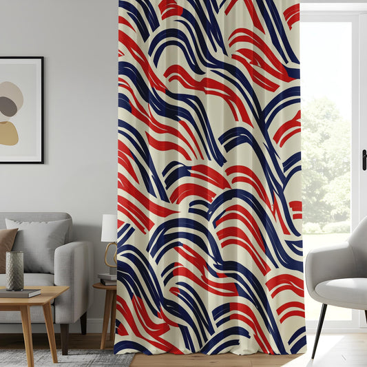 Onay Red and Blue Abstract Wave Curtains, Hand-Painted Brushstroke Drapes