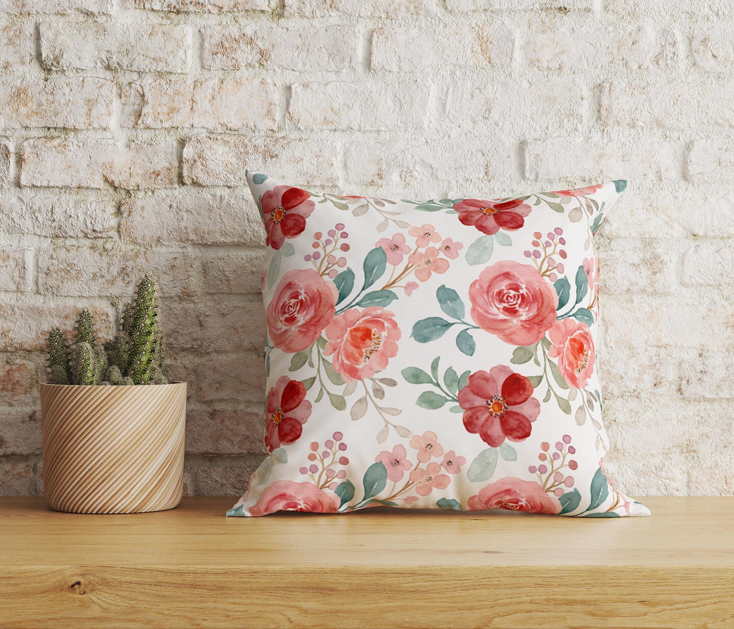 Onay Home Textile Cushion Covers 2 / 12 x 12 inch (30 x 30 cm) Double Side Red and Pink Rose Maroon Floral Watercolor Cushion Covers
