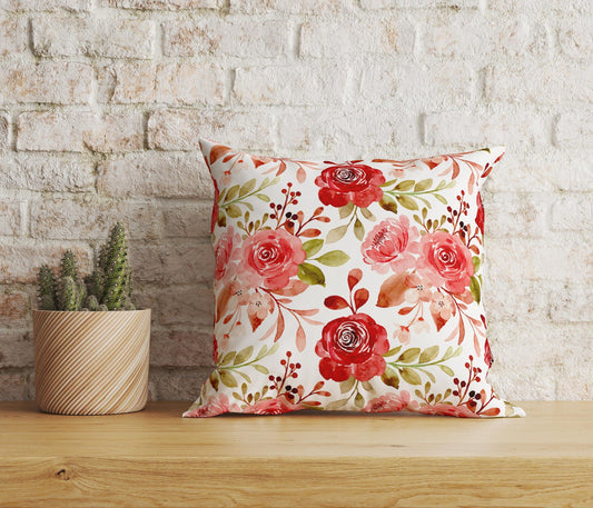 Onay Home Textile Cushion Covers 1 / 12 x 12 inch (30 x 30 cm) Double Side Red and Pink Rose Maroon Floral Watercolor Cushion Covers
