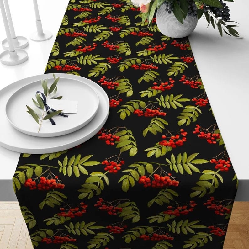 Onay 3 / 12 x 46 inch (30 x 120 cm) Red Berry and Candle Floral Green & Black Table Runner