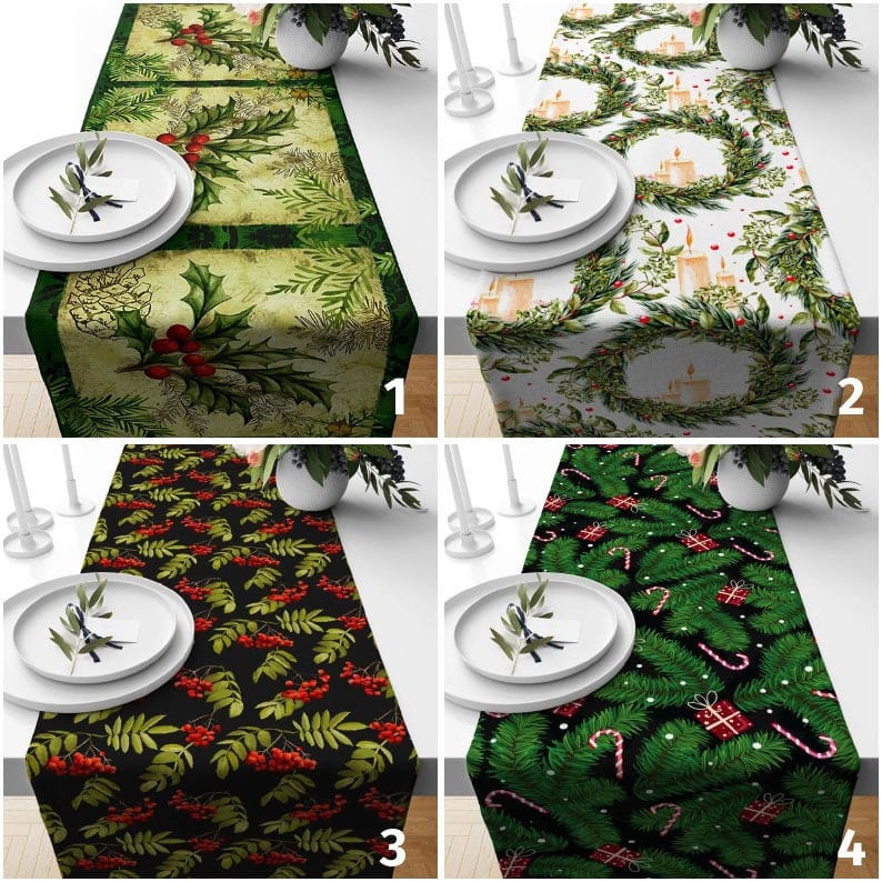 Onay Red Berry and Candle Floral Green & Black Table Runner