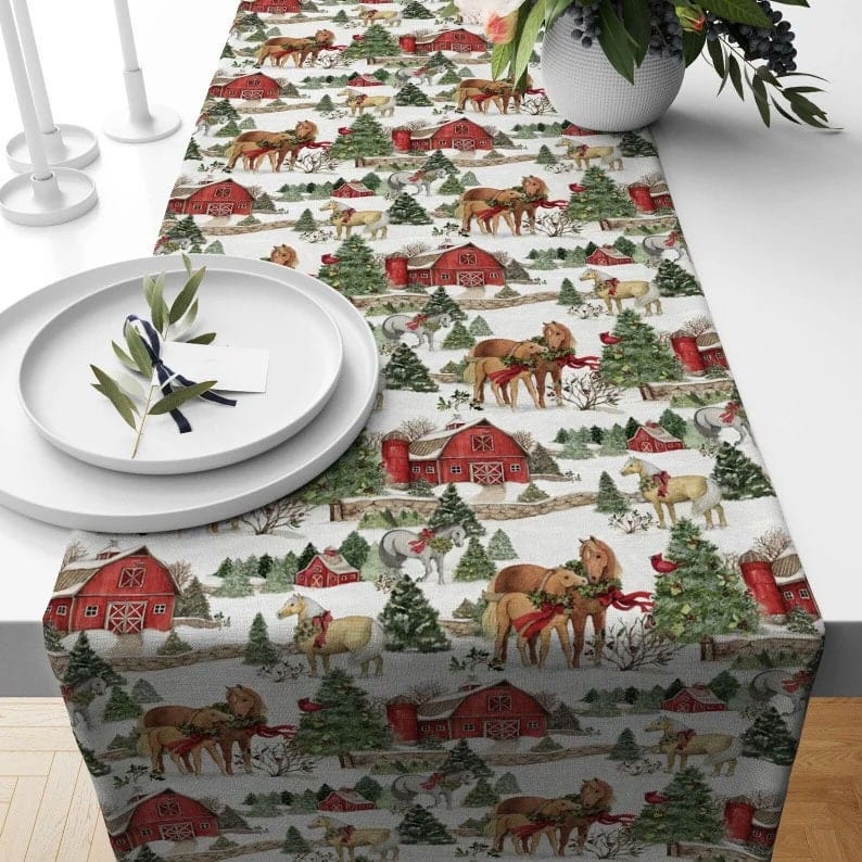 Onay 4 / 12 x 46 inch (30 x 120 cm) Red House Print Snowy Pattern Xmas Decoration Table Runner
