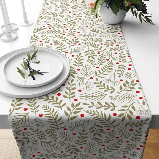 Onay 1 / 12 x 46 inch (30 x 120 cm) Red Pine Berry Mistletoe Green and Red Winter Table Runner