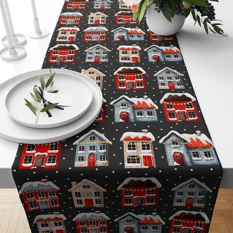 Onay 4 / 12 x 46 inch (30 x 120 cm) Red Snowy House Blue and Red Christmas Decor Table Runner