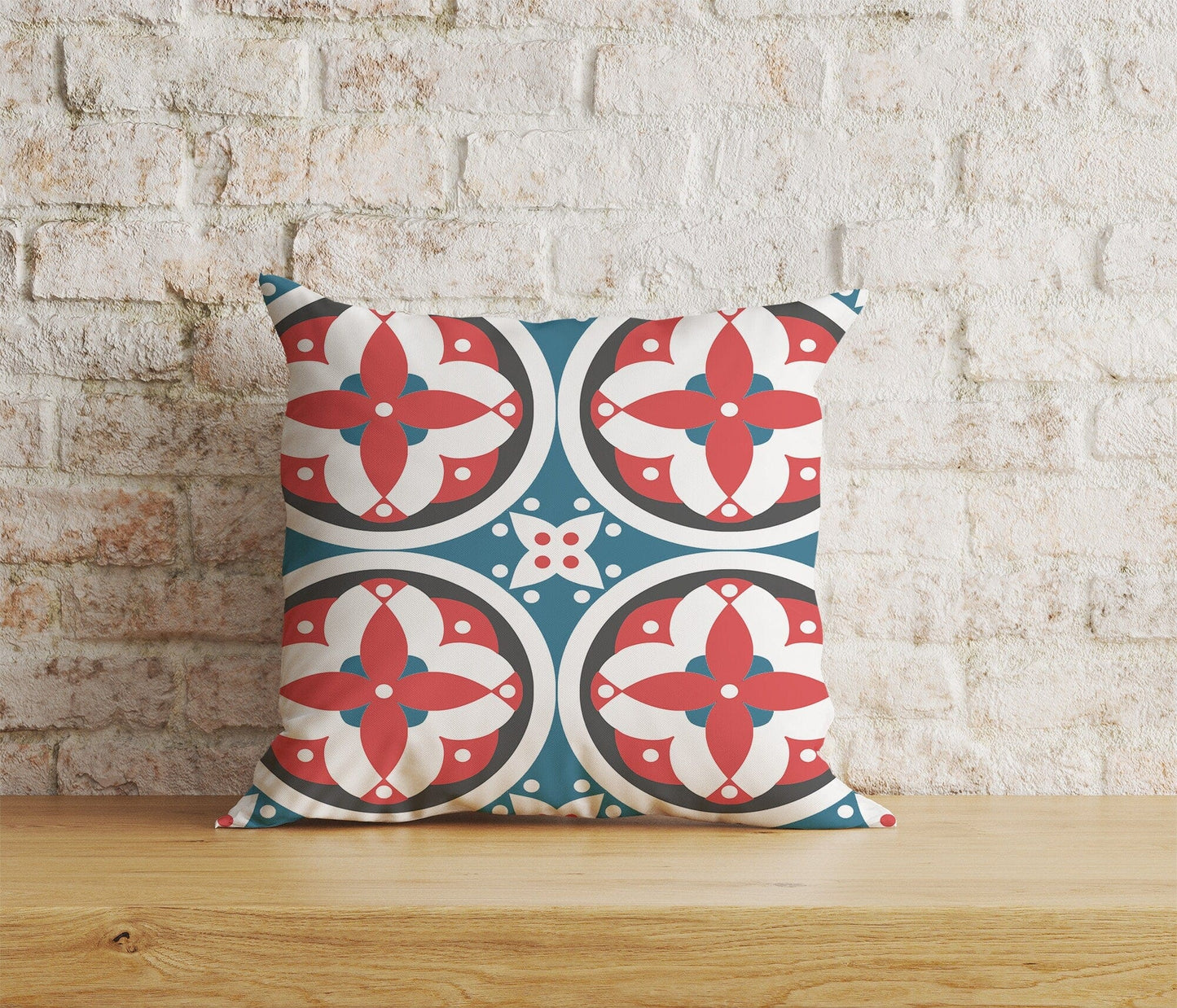 Onay Home Textile Cushion Covers 4 / 12 x 12 inch (30 x 30 cm) Double Side Red & Turquoise Motifs Cushion Covers Traditional Tiles Case