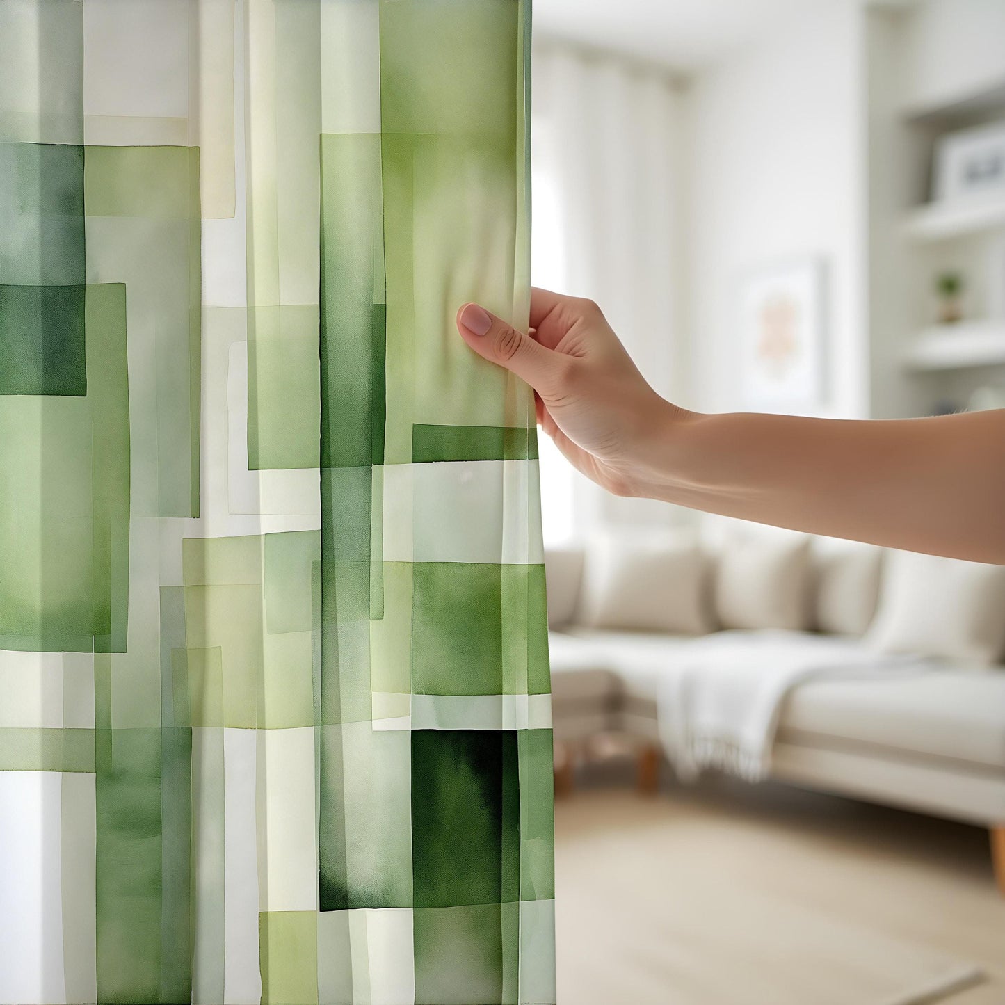 Onay Refreshing Green Abstract Curtains, Soft Pastel Blocks, Serene Living Room Drapes