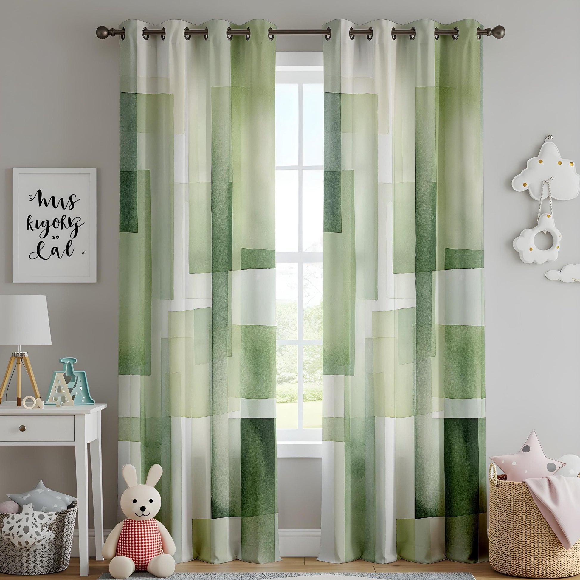 Onay Refreshing Green Abstract Curtains, Soft Pastel Blocks, Serene Living Room Drapes