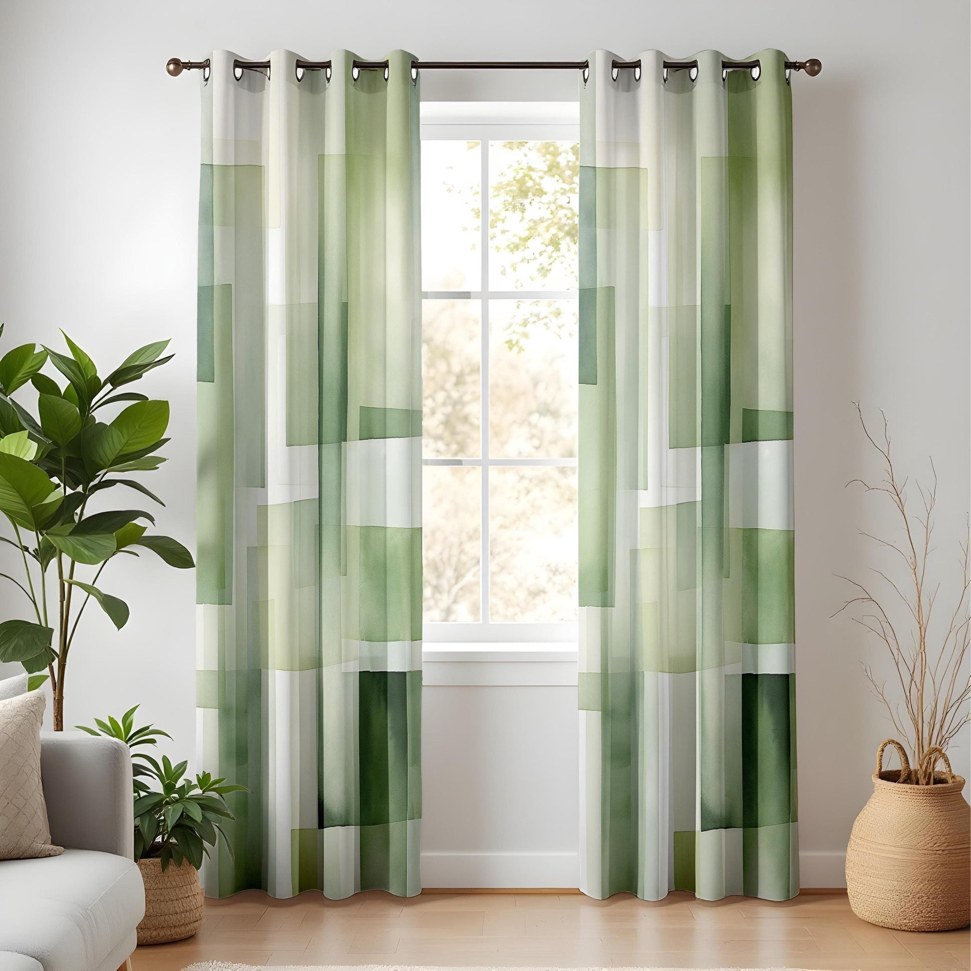 Onay Refreshing Green Abstract Curtains, Soft Pastel Blocks, Serene Living Room Drapes