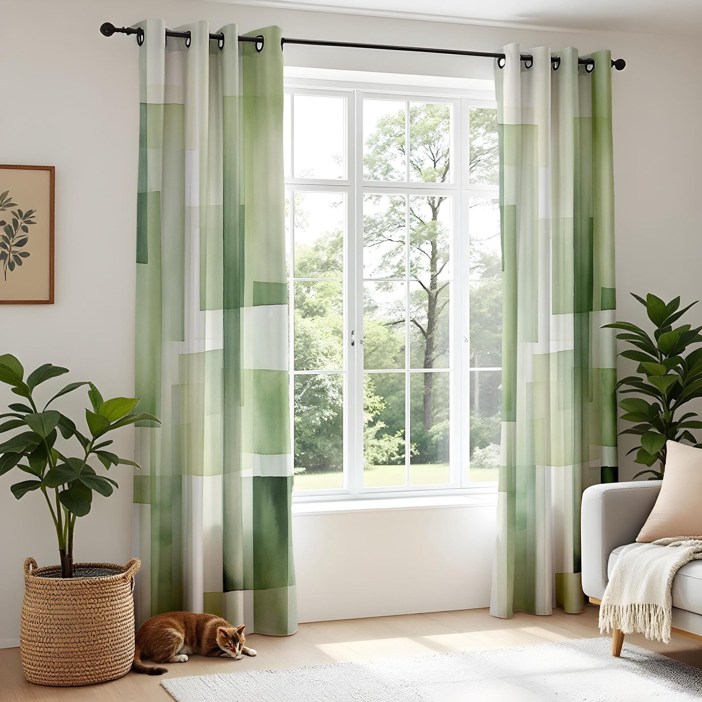 Onay Refreshing Green Abstract Curtains, Soft Pastel Blocks, Serene Living Room Drapes