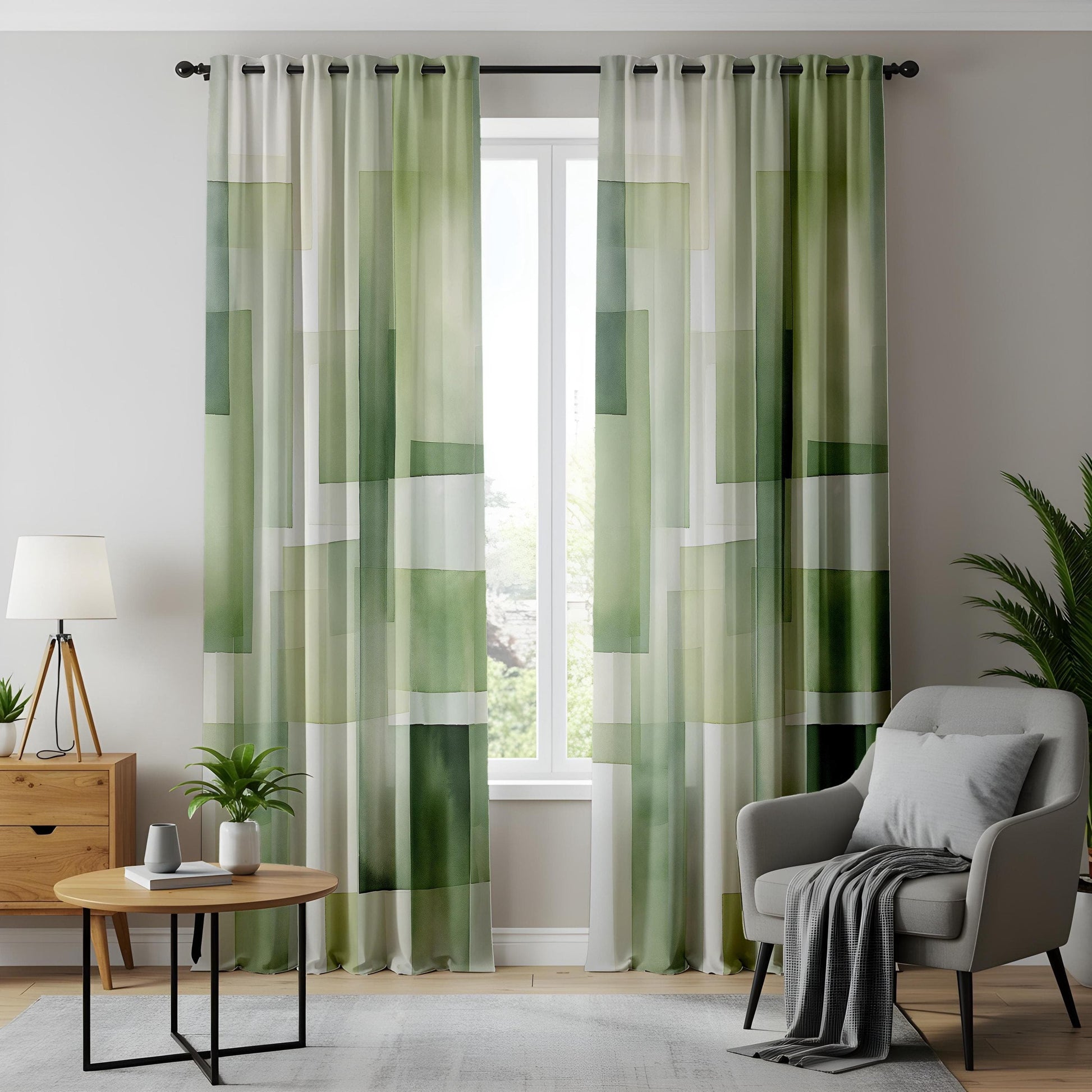 Onay Refreshing Green Abstract Curtains, Soft Pastel Blocks, Serene Living Room Drapes